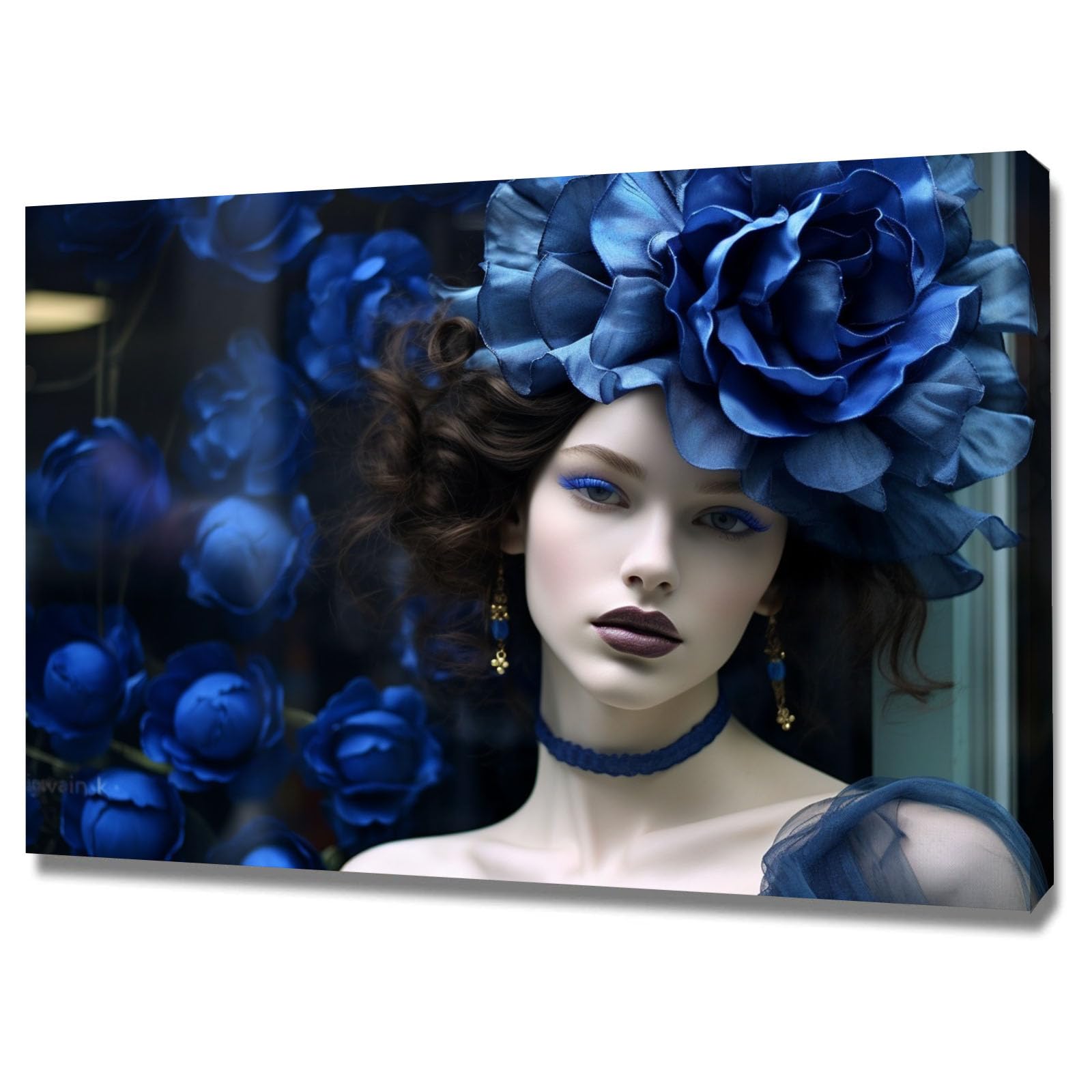TERUEA Vintage Bathroom Wall Art - Woman with Large Blue Flower Headdress Portrait Vintage Humor Wall Poster for Bathroom Toilet Decor(Blue)-40x60cm Framed