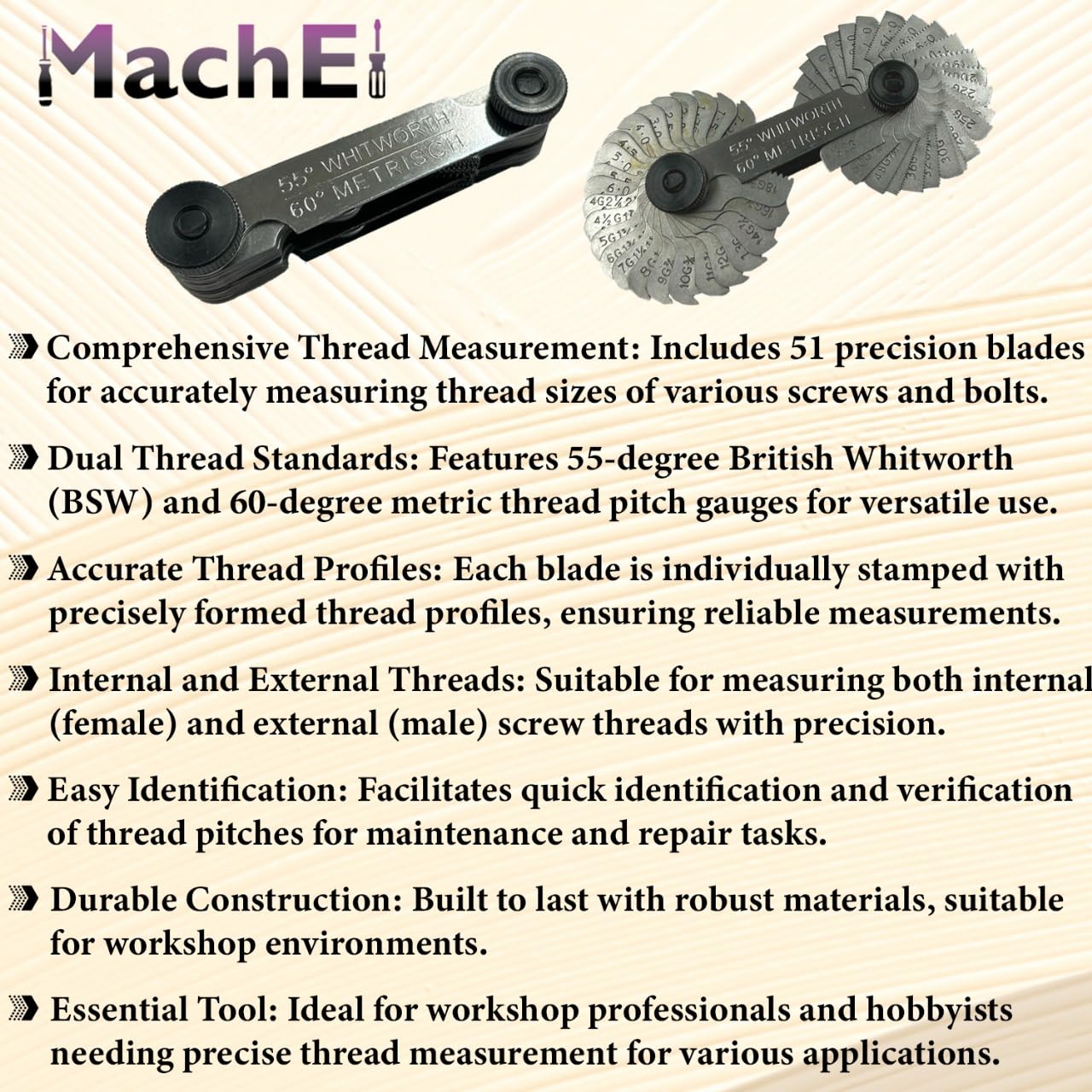 MachEl's British Whitworth BSW & Metric Screws Bolts Pitch Measure Thread Gauge, Featuring 51 Blades