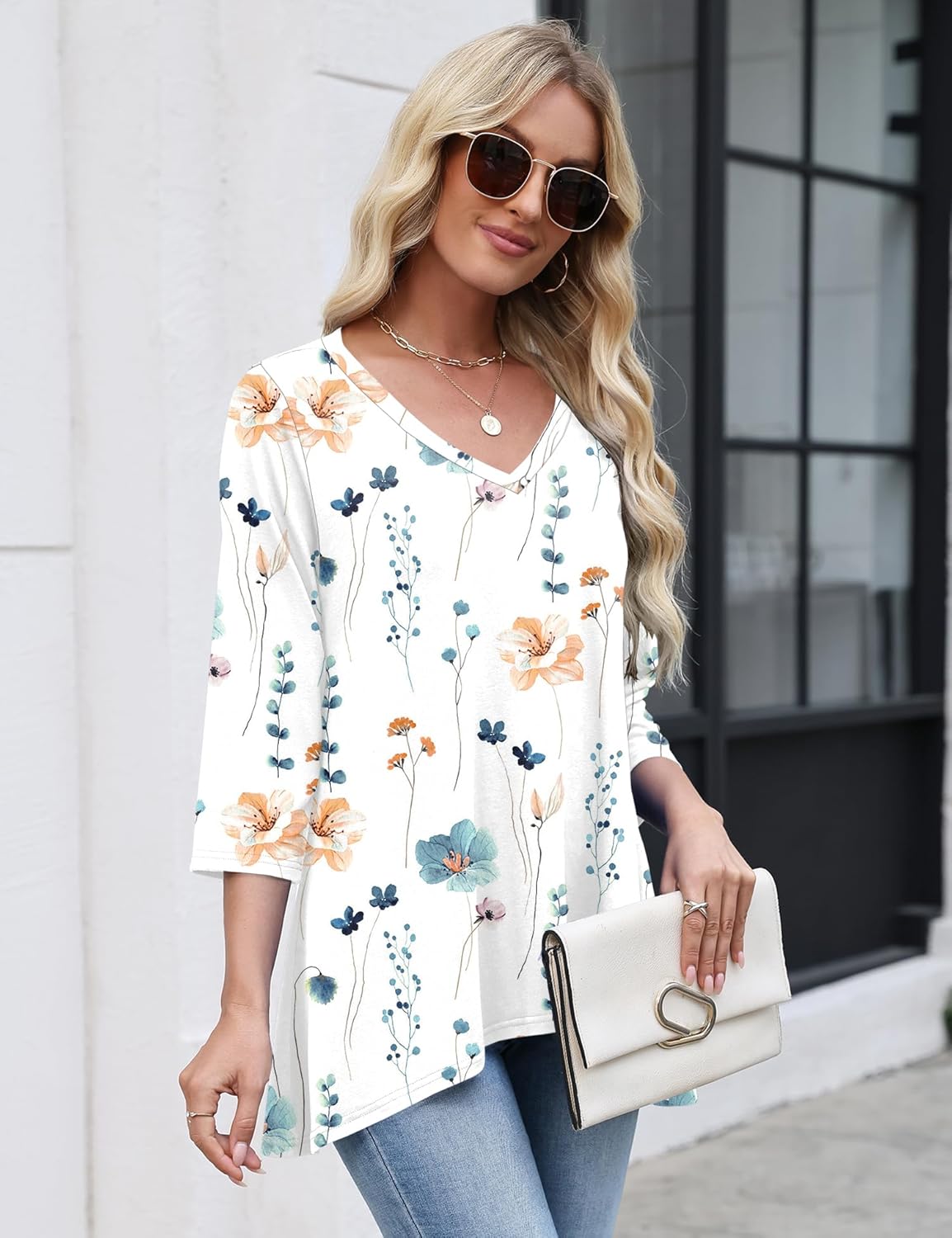 LUYAA 3/4 Length Sleeve Womens Tops V Neck Loose Fit Dressy Casual Blouse Flowy Shirts Plus Size Womens Clothing S-3XL - Image 3