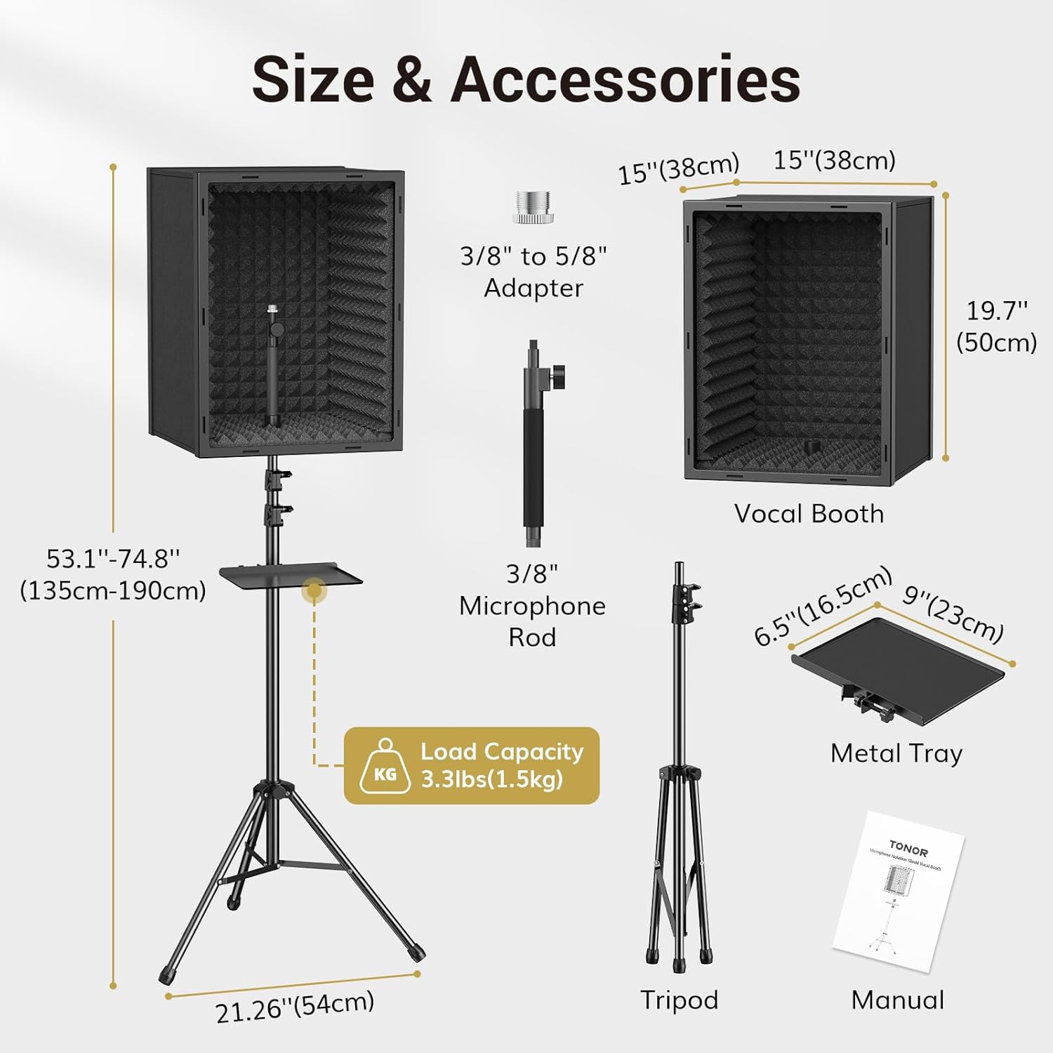 TONOR Personal Vocal Booth, Microphone Isolation Shield for Studio, Framed Acoustic Foam Box, Sound Absorbing, for Professional Recording, Podcast, Singing, Adjustable Height, Max 190 cm/53.1inch