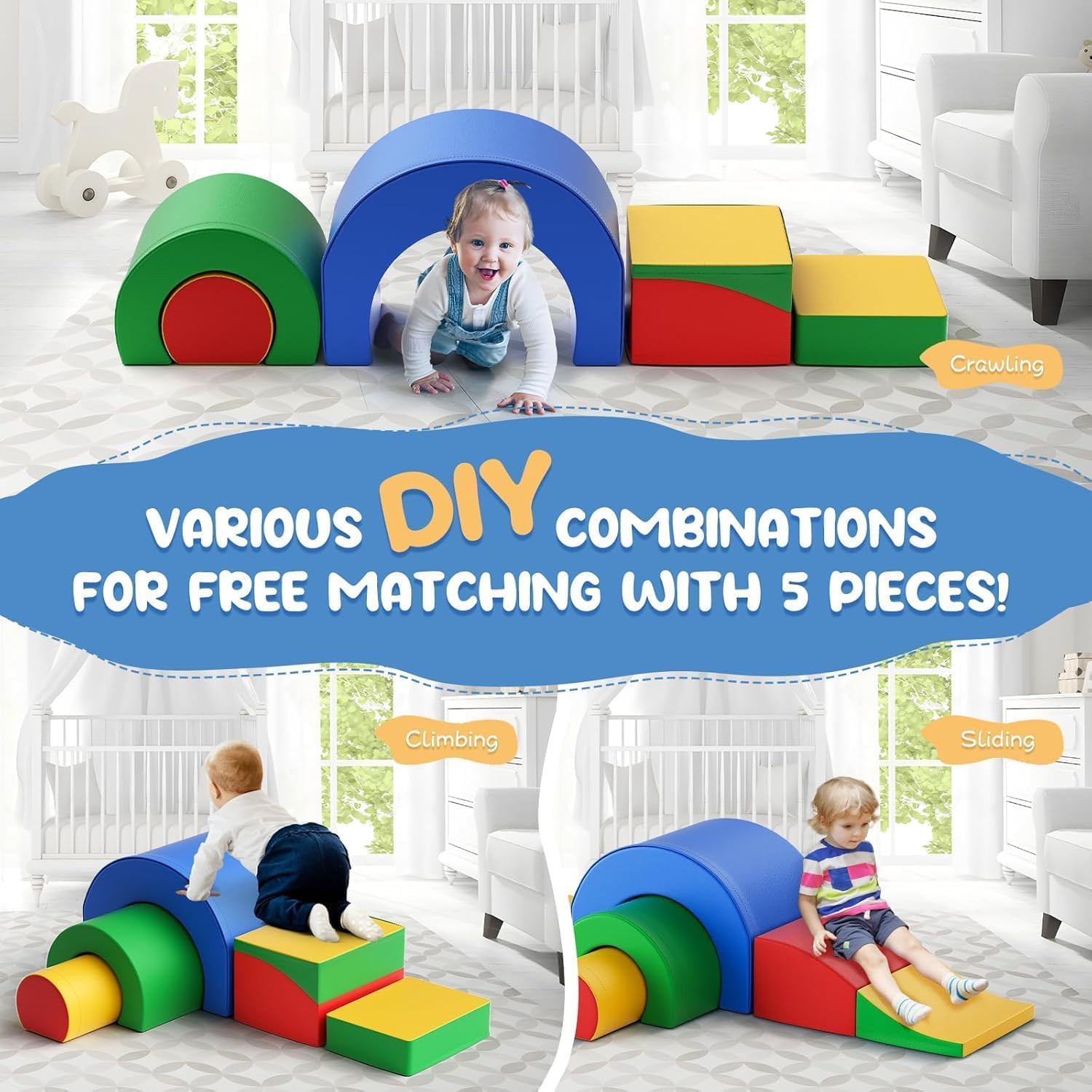 Baby Motor Skills Course,5 Piece Soft Block Set for Toddlers and Babies,Foam Climbing Blocks,Giant Montessori Type Building Set, Indoor Play Area, EN71 Certified (Color) - 4