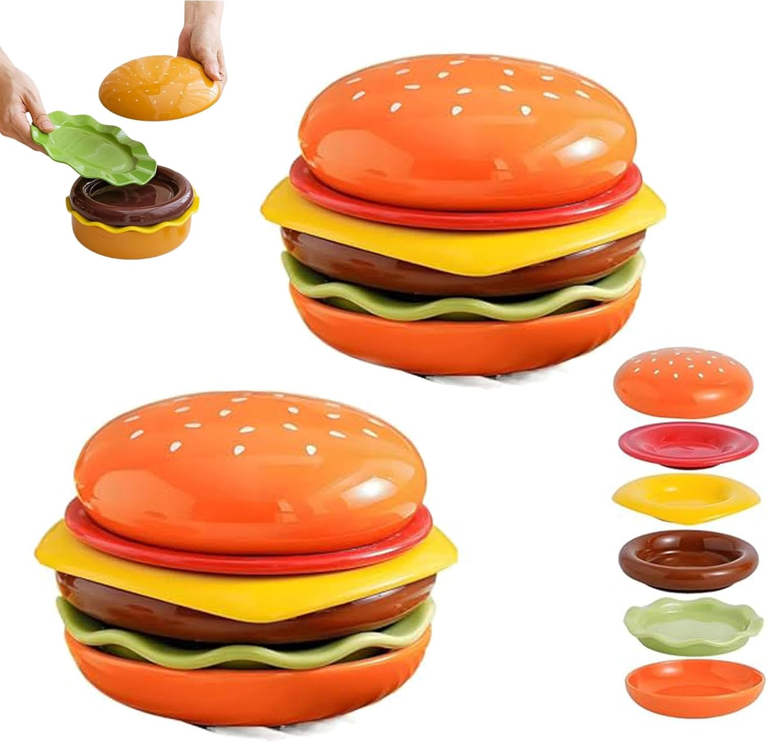 Ceramic Hamburger Plate Set, 6-Piece Stackable Burger Plate Sets, Cheeseburger Shape Household Dinner Tray Mini Sauce Bowls, Home Kitchen Creative Tableware (2 PCS)