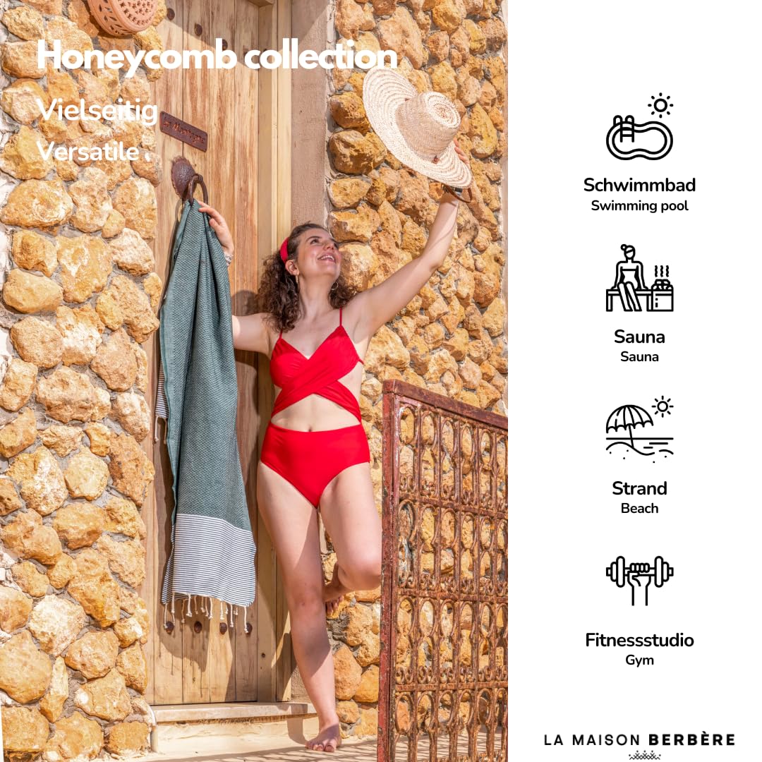 Saunahandtuch Strandtuch Fouta XXL [2er Set] Ideal als Hamamtuch Saunatuch Stranddecke für Damen & Herren - Groß 100x200-100% Baumwolle in Creme & Dunkelgrün