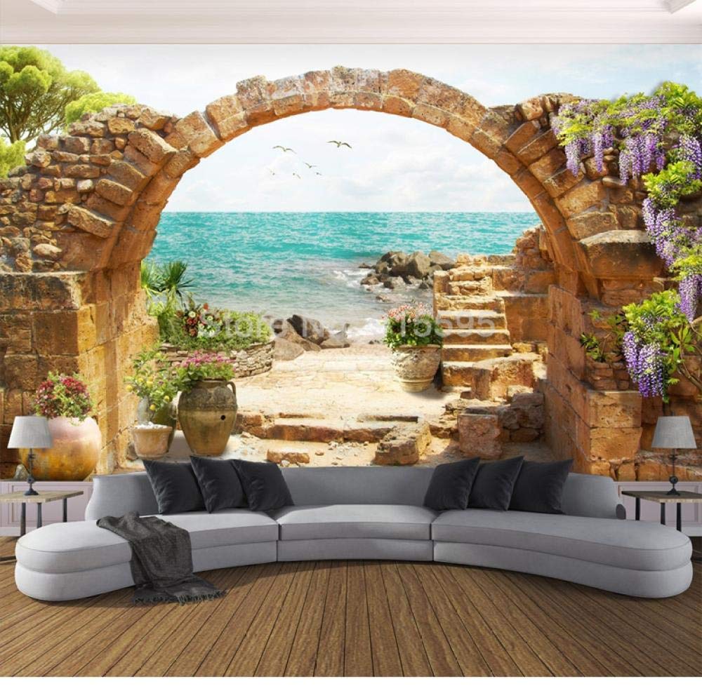 Papier peint jardin arche pierre vue sur la mer 3D pour fond de canapé