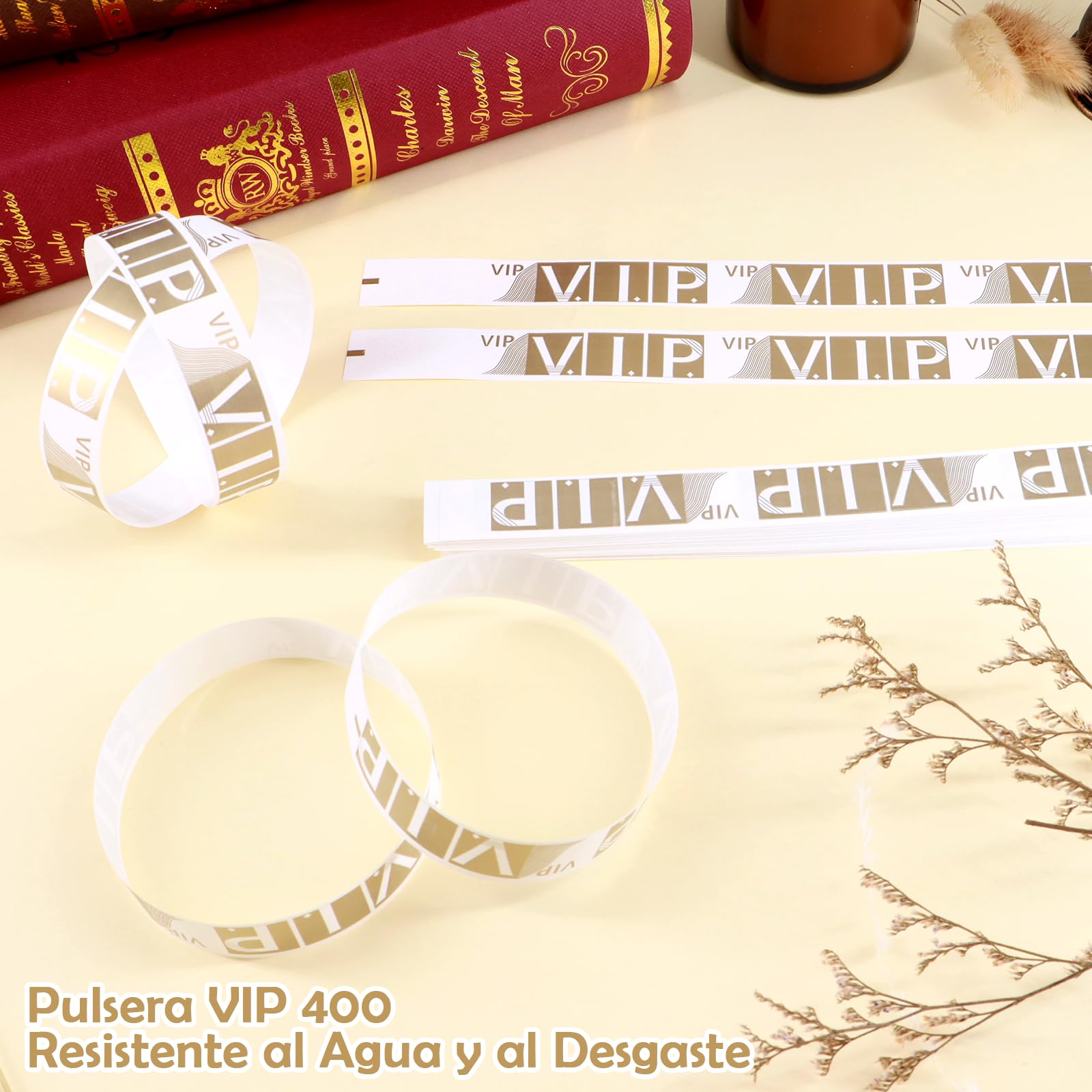 400 Piezas Pulseras Papel VIP para Eventos, Pulseras Impermeables Pulseras VIP para Fiestas Conciertos, Pulseras de Entrada para Discotecas Doradas Pulseras Vip para Parques de Atracciones