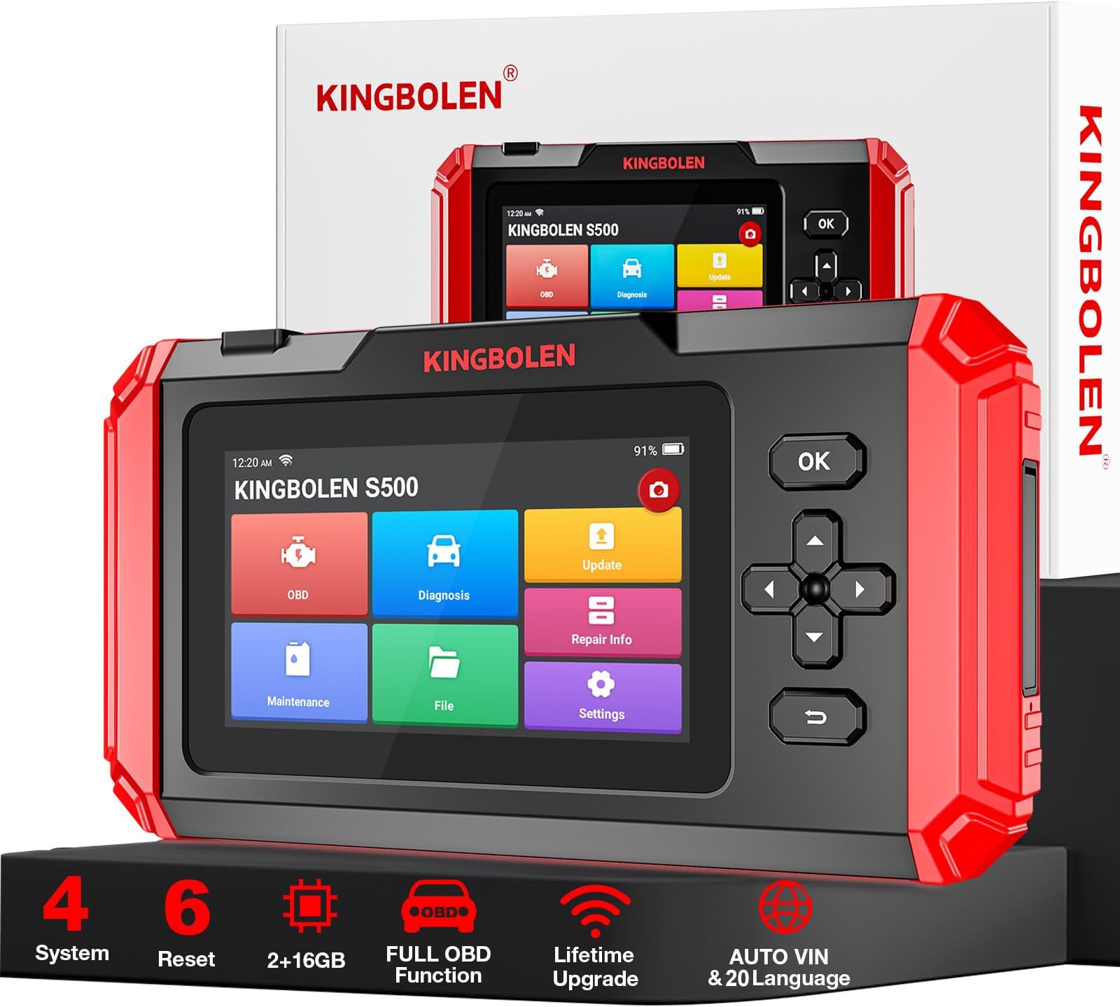 KINGBOLEN OBD2 Scanner S500 Car Scanner, Lifetime NO Cost Update Diagnostic Scan Tool with 6 Reset,Oil/Brake/SAS/Throttle/Inject/ABS Reset, Engine ABS SRS Transmission OBD2 Code Reader, Battery Test