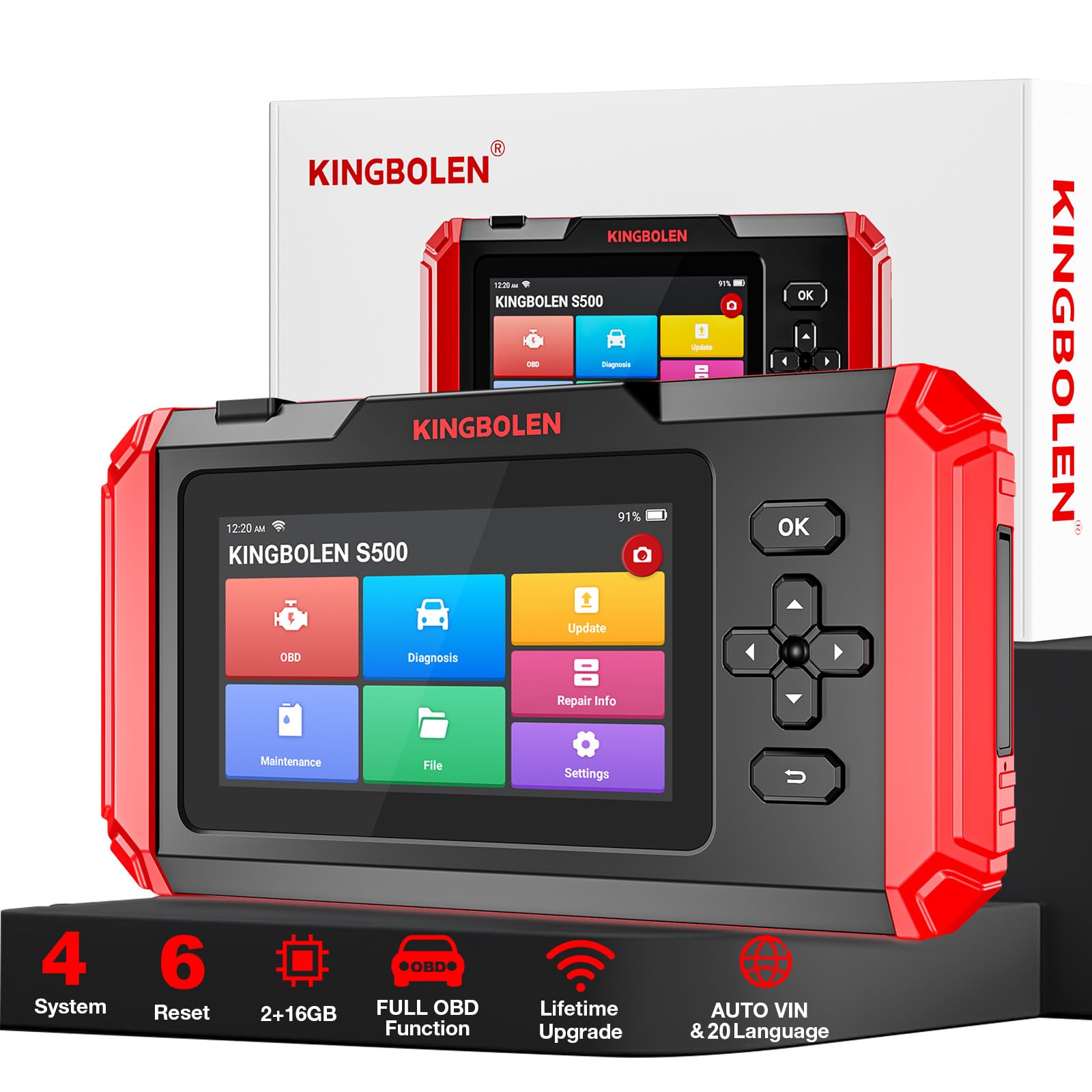 KINGBOLEN OBD2 Scanner S500 Car Scanner, Lifetime NO Cost Update Diagnostic Scan Tool with 6 Reset,Oil/Brake/SAS/Throttle/Inject/ABS Reset, Engine ABS SRS Transmission OBD2 Code Reader, Battery Test