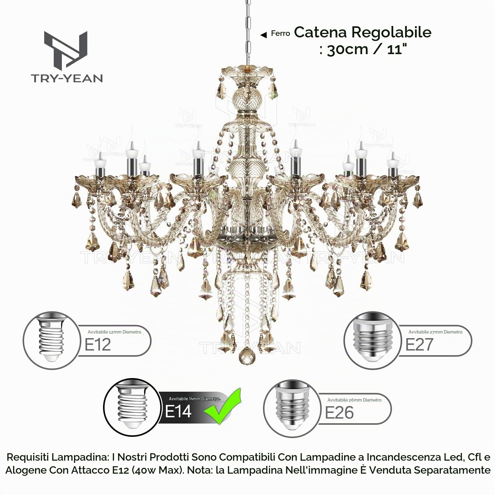 Lampadario Moderno Cucina a 10 Braccia Lampadario Cognac Cristallo Sospensione Classico K9 Cristalli Gocce con Catena Regolabile per Camera da Letto Soggiorno Sala da Pranzo Ristorante E14