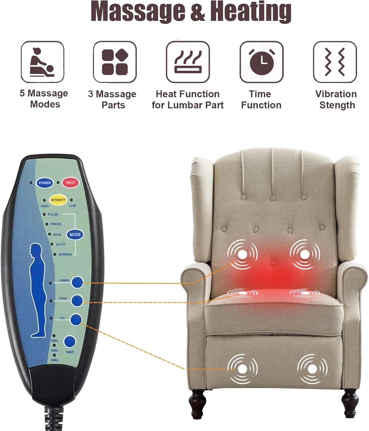 Push Back Recliner Mid-Century Modern Accent Chair Reading Chair Tufted Fabric Arm Chair for Living Room w/Heat Massage/Side Pockets Easy to Assemble(1 PC, Beige)