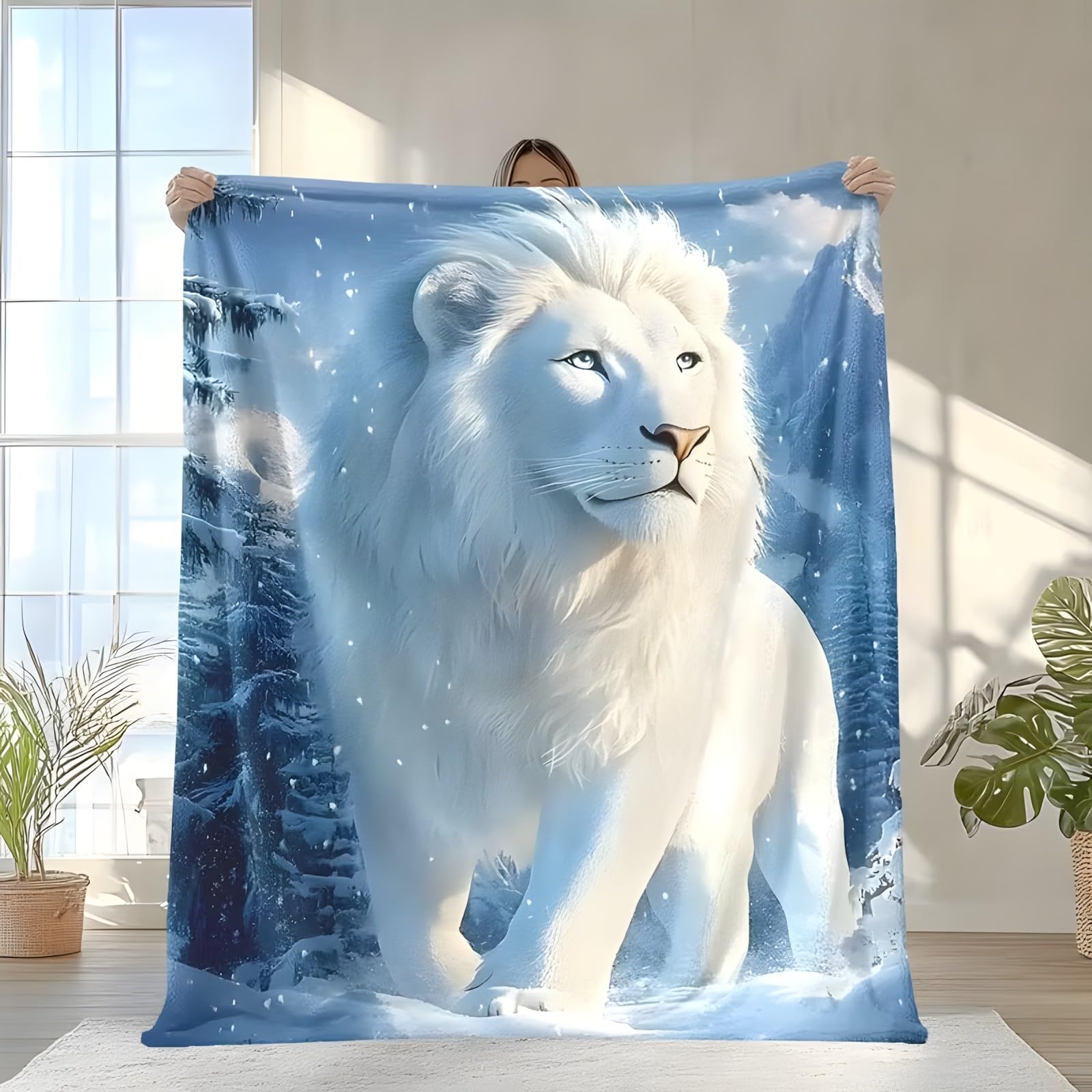 Couverture polaire lion blanc plaid 200x200 cm doux pour lit double et canape