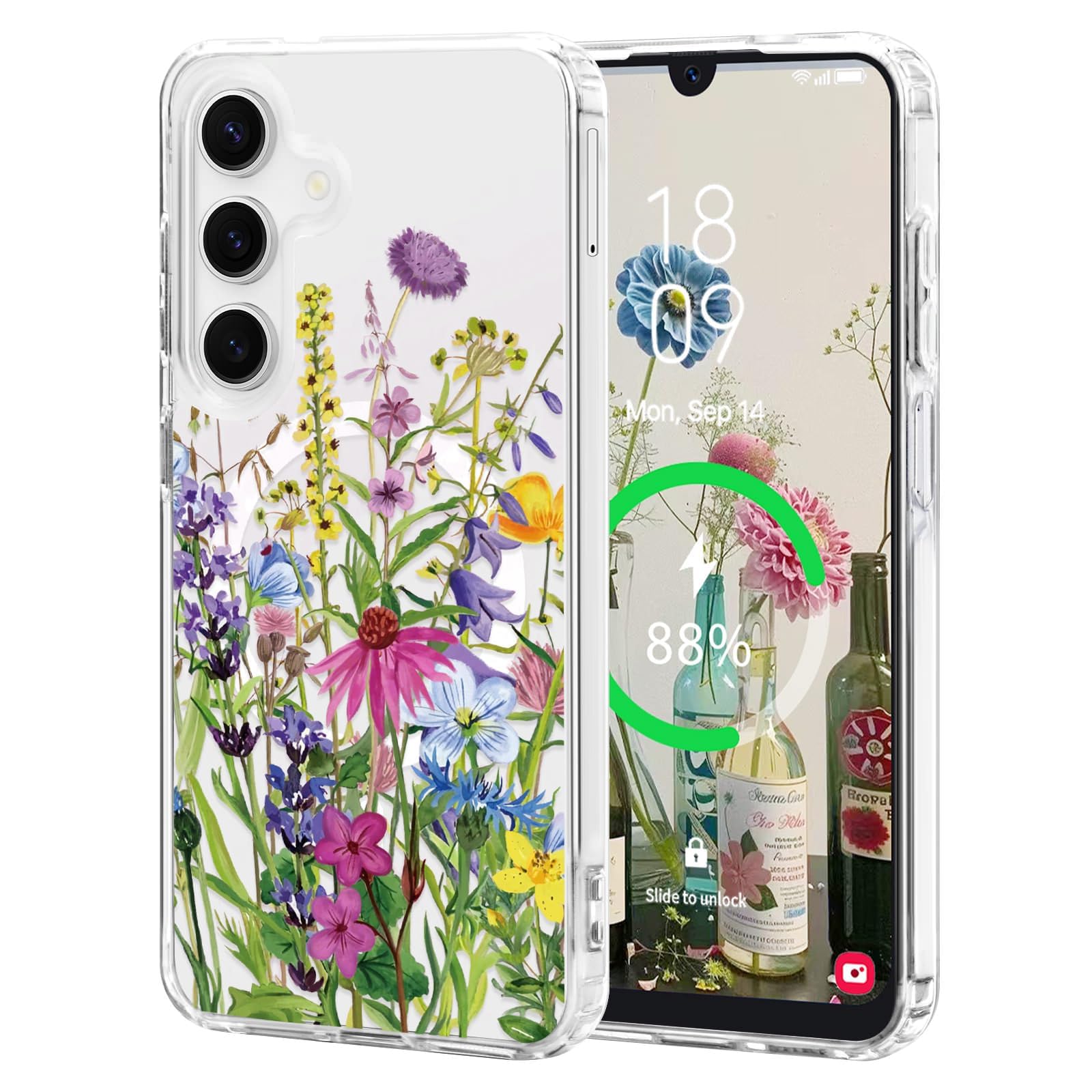 L-FADNUT Magnetisch Handyhülle für Samsung Hülle Kompatibel mit MagSafe, Transparent Blumen Schutzhülle Hart PC Rückseite Dünne Stoßfest Kratzfestes Case für Samsung