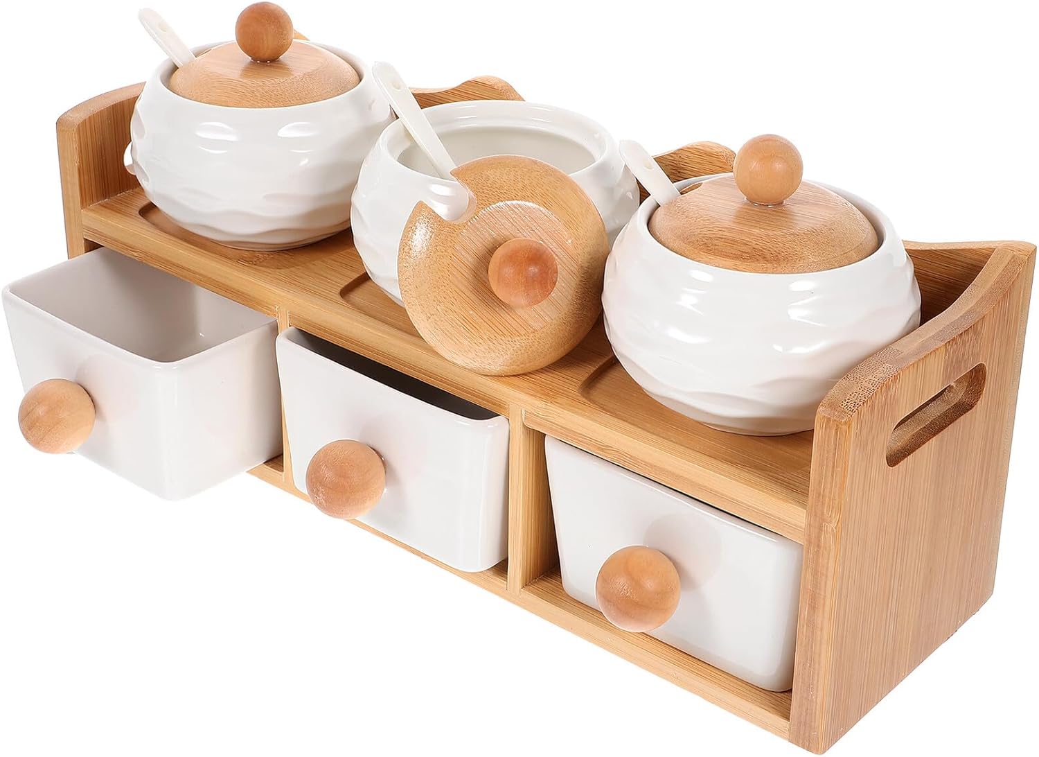 Japanese Style Lid Ceramic Spice Container Set with Spoon, Double-layer Household Kitchen Seasoning Jars for Dining Table Storage, Decorative Condiment Canisters,