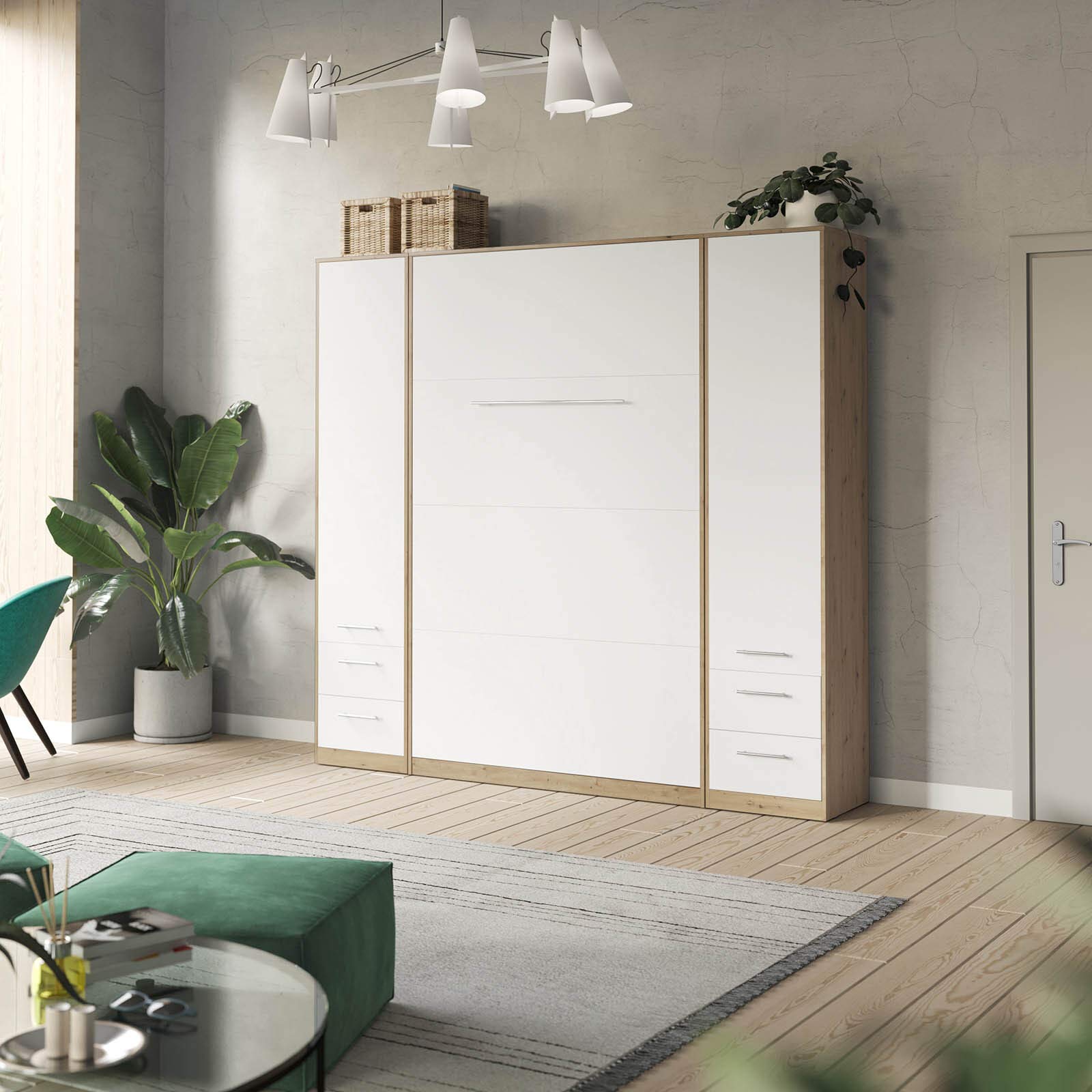 SMARTBett Juego de pared con cama de armario estándar, 140 x 200 cm, vertical, 2 x 50 armarios, roble salvaje, blanco