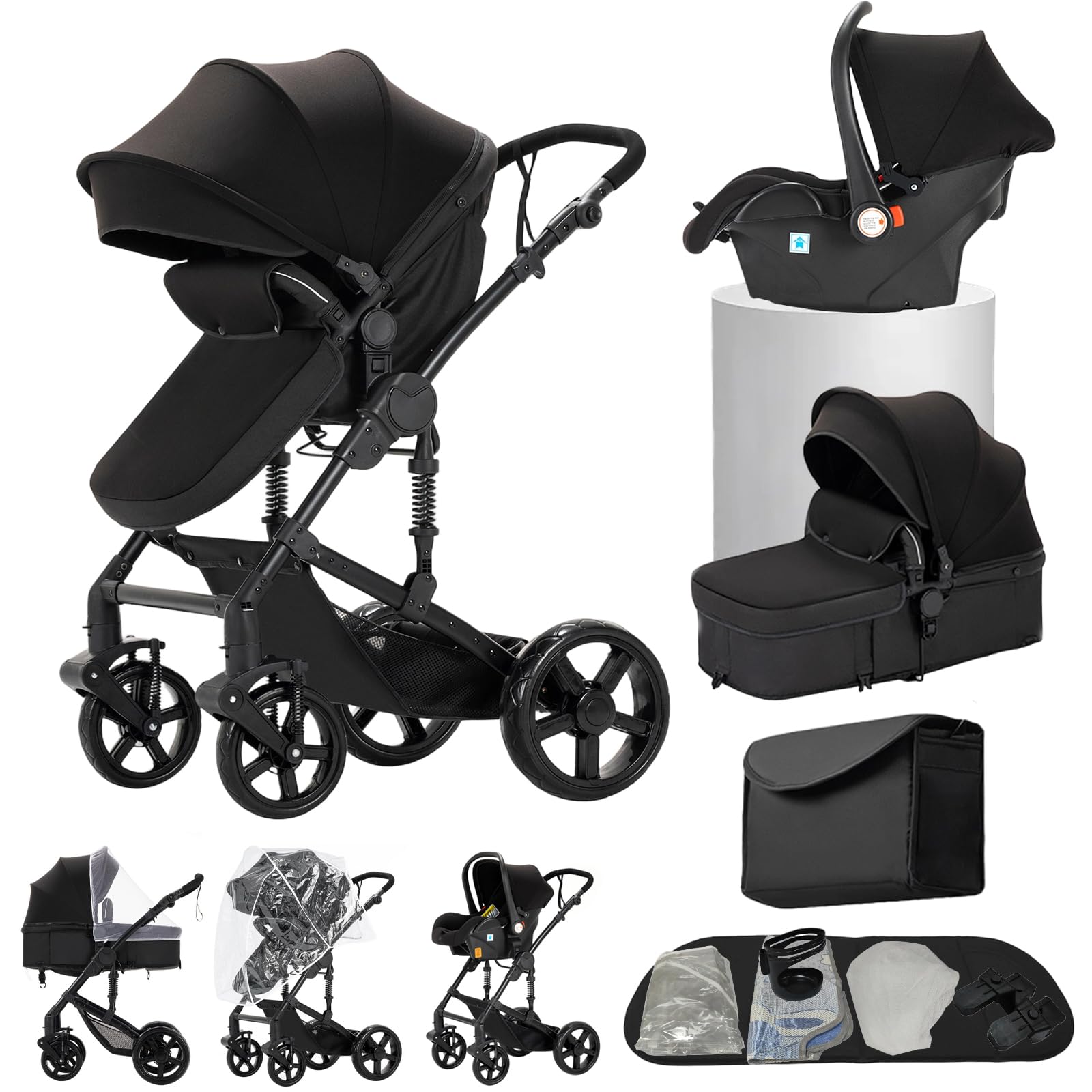 Aveainelle Kombi Kinderwagen 3 in 1, Babywanne, Reisesysteme und Autositz, Für Neugeborene Kinder von 0-36 Monaten, Maximale Tragkraft 25 kg(Schwarz)