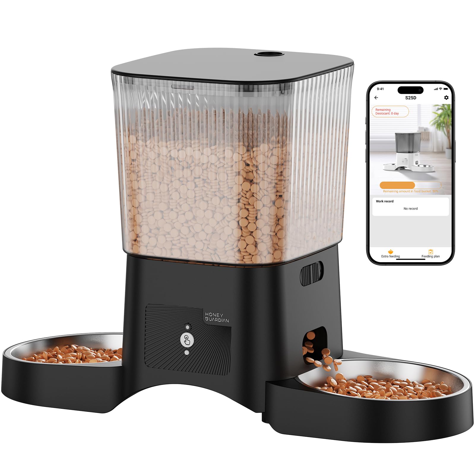 HoneyGuaridan 5G/2.4G WiFi Distributore Automatico Cibo Gatti con 2 Ciotole, Distributore Automatico Intelligente per Gatti e Cani, 4 Piedini Antiscivolo, Stabilità, 1-6 Pasti al Giorno (3.5L)