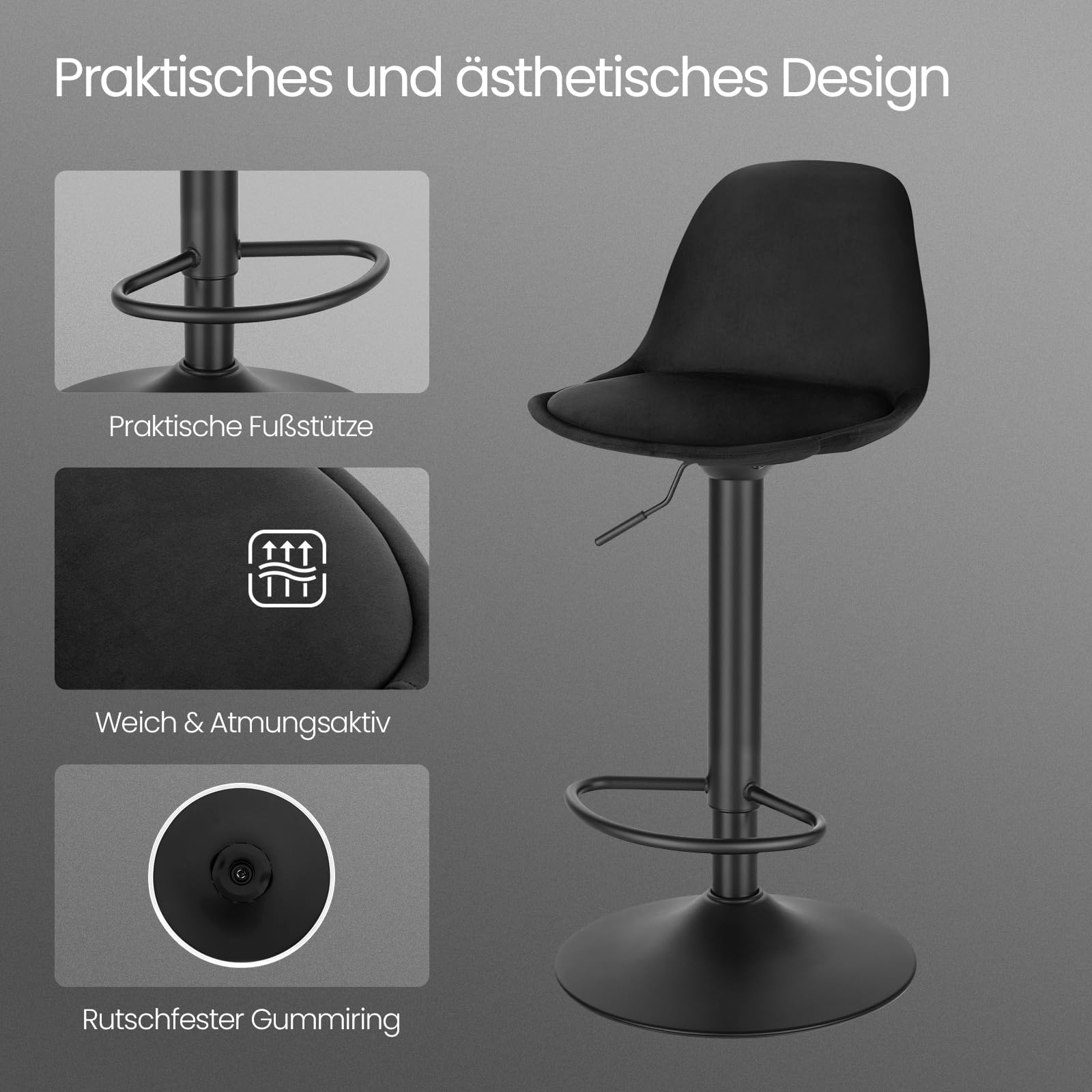 EUGAD Barhocker, für Bar Küchen & Esszimmer, 360° drehbarer höhenverstellbar, Barstuhl mit Rückenlehne Fußstütze, aus Samt, Schwarz