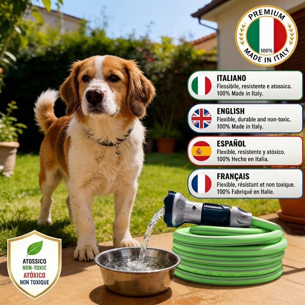 Idroeasy, manguera de jardín extensible de 30 metros, 5/8" de diámetro, manguera de riego extensible de 3 vías, resistente a nudos y torsiones, no tóxica, ligera, ahorra espacio, Made In Italy