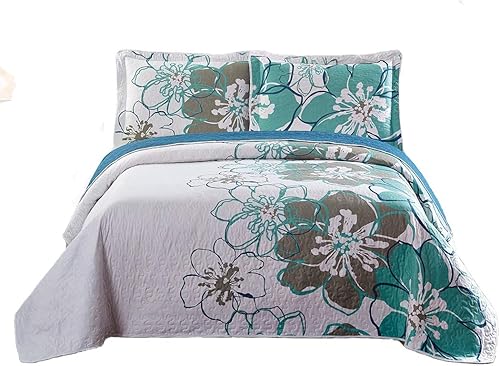 Miniatura 2 de Fancy Linen - Juego de cubrecamas para cama de tamaño grande, cuadrados, diseño floral en zigzag verde, morado, azul y blanco
