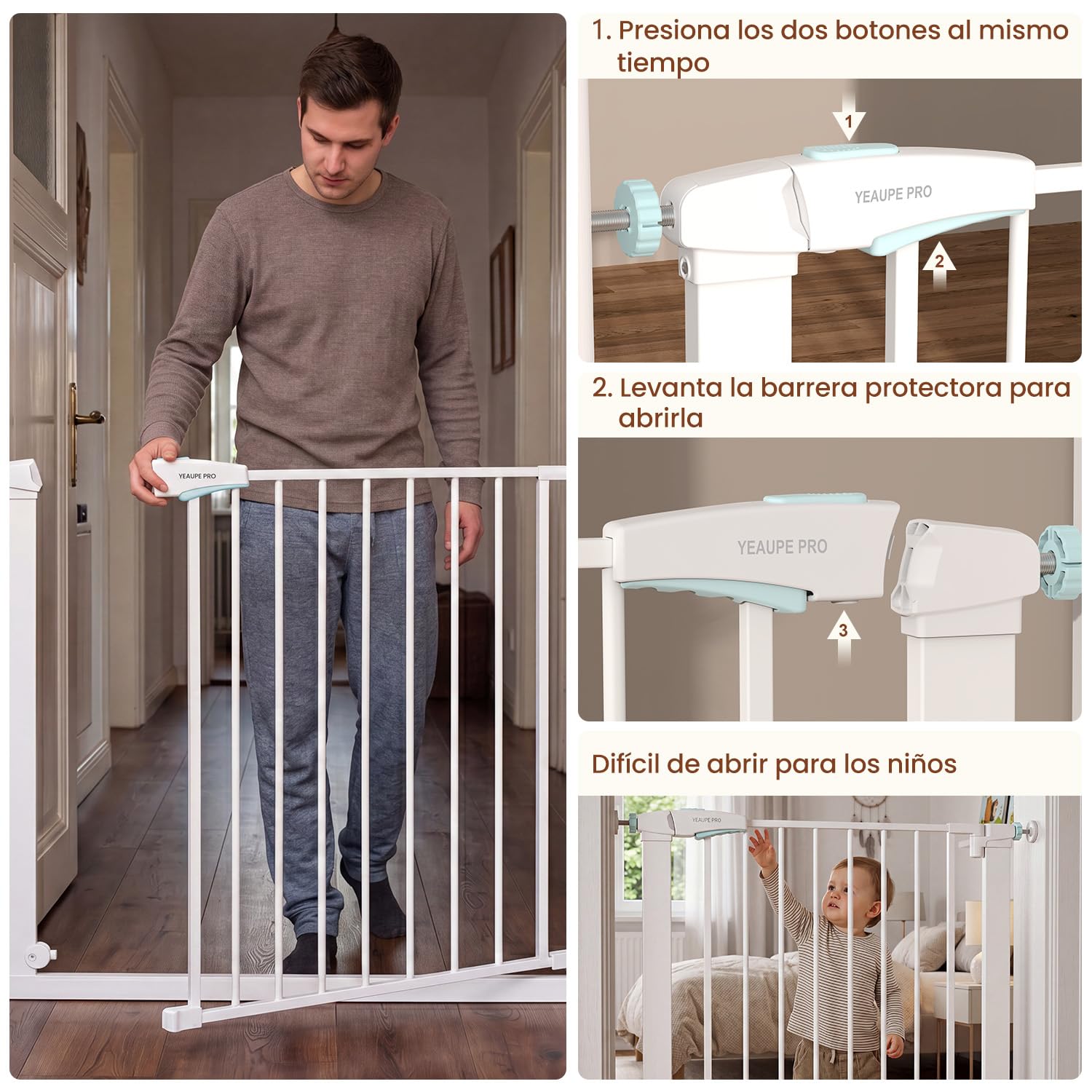 YEAUPE PRO Barrera de Seguridad Infantil 82-85cm, Sin Taladros, Blanca
