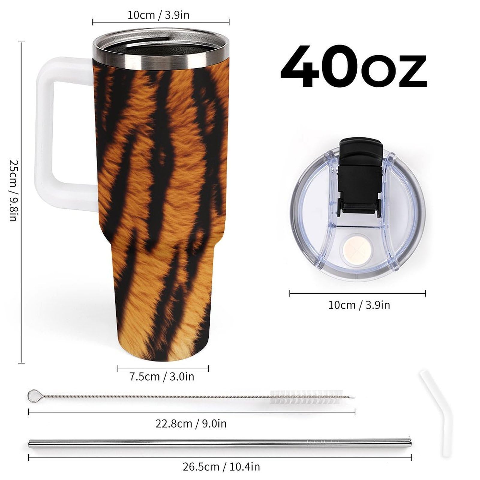 Autobecher aus 304er Edelstahl, mit Tigerstreifenmuster, Trinkhalm und auslaufsicherem Deckel, großes Fassungsvermögen, vakuumisolierter Reisebecher für Auto-Becherhalter, 1,2 l