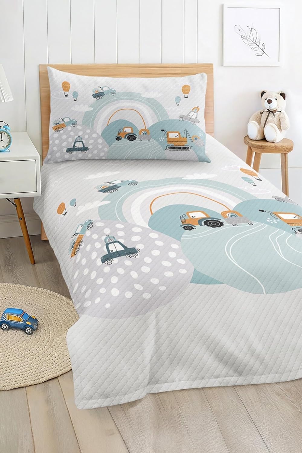 SODEF Single Size Quilt Set Car and Balloon Design Pastel Blue Yellow for Kids, Lightweight Cotton Polyester Blend, 2 Piece Set - Multicolor, One Size