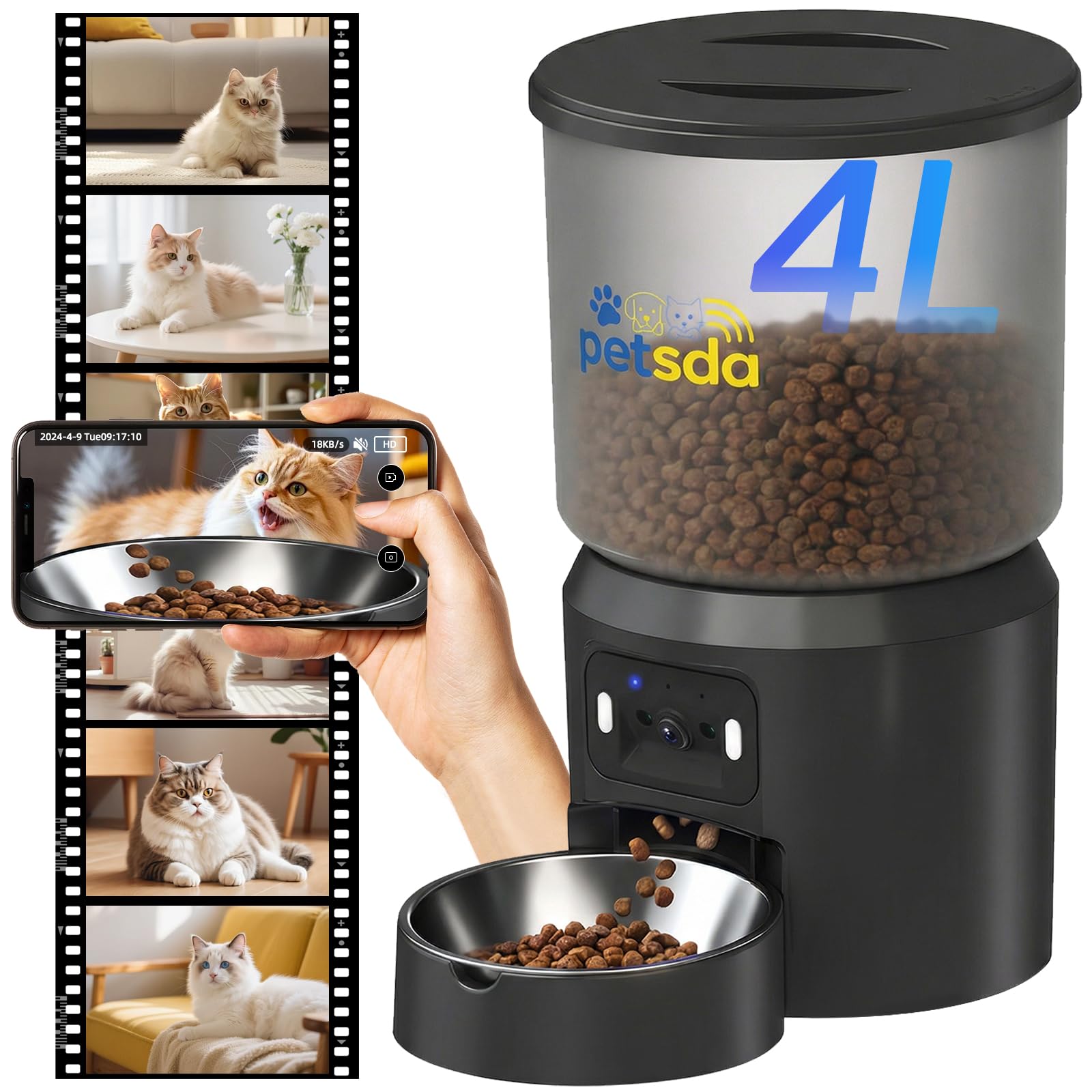 Automatic Cat Feeder with 2K Camera 5G WiFi 4L Timed Dry Food Dispenser APP Control, 15 Meals Programmable 1-20 Portion Per Day Dual Power Supply with Stainless Bowl for Multiple Pet Easy Clean