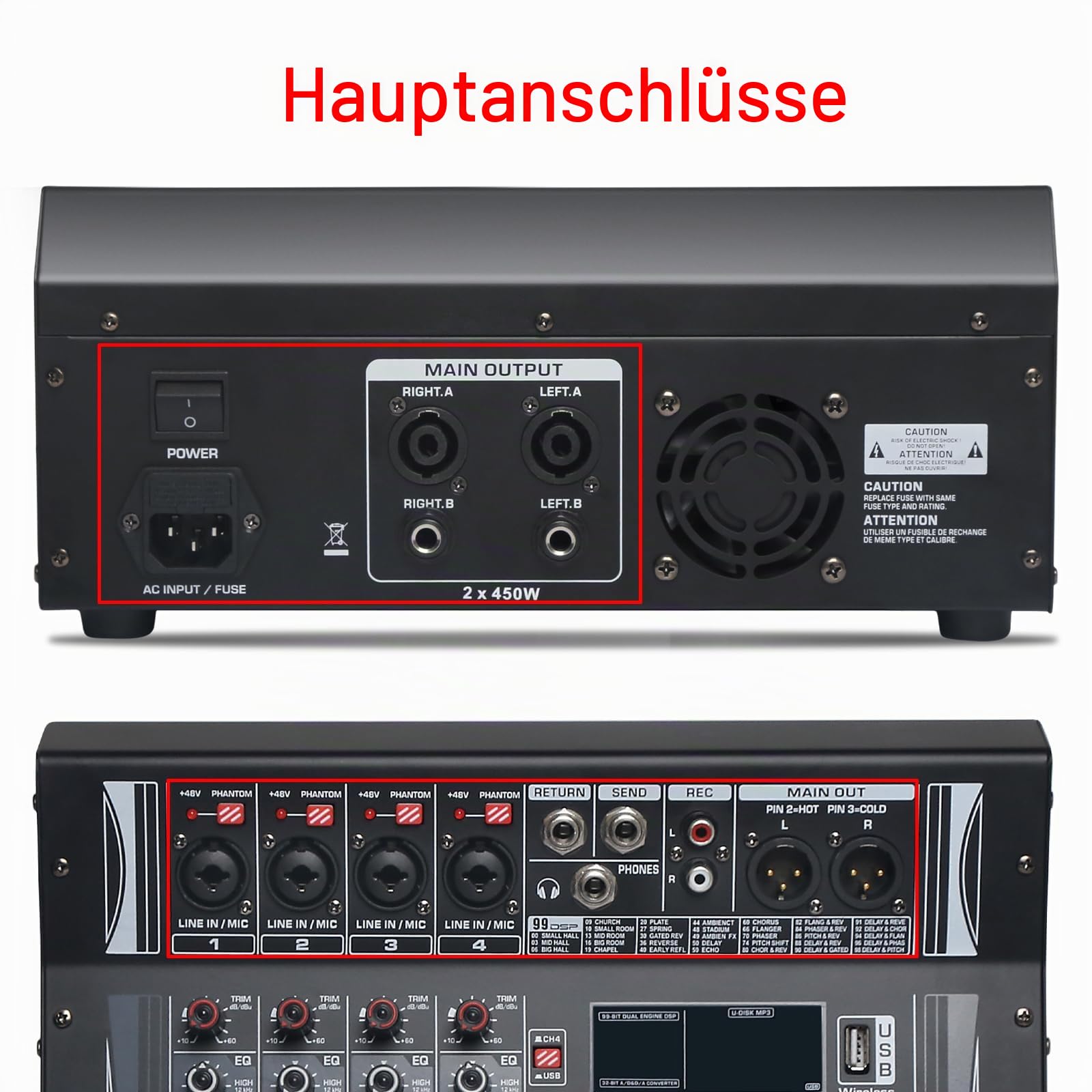 Verstärker Mischpult 4 Kanal Stereo 4Ohm 2 * 300W Powermixer mit Verstärker und 99 DSP Effektoptionen