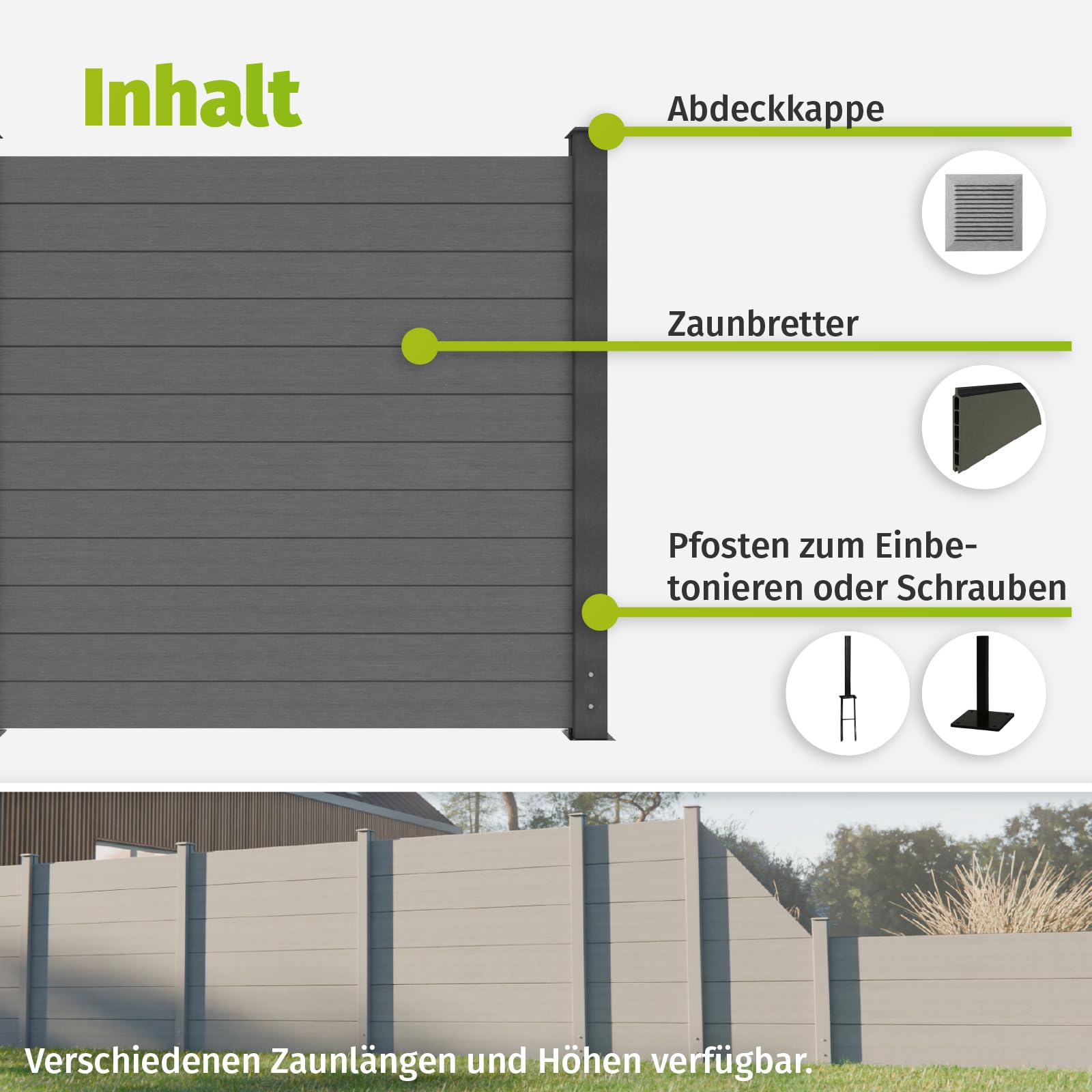 HORI WPC Sichtschutz Komplettset Stecksystem Zaun Garten Gartenzaun Lamellenzaun Windschutz Zaunelemente Komplettbausatz 1x Schräg + 1x kl. Pfosten - zum Einbetonieren - Zaun: Grau - Pfosten: Grau