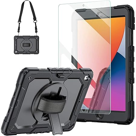 New iPad 9th/8th/7th Generation Case 2021/2020/2019 10.2 Inch with Tempered Glass Screen Protector & Pencil Holder | Rugged Protective Kids iPad 10.2 Case Cover w/Stand Hand Shoulder Strap |Black