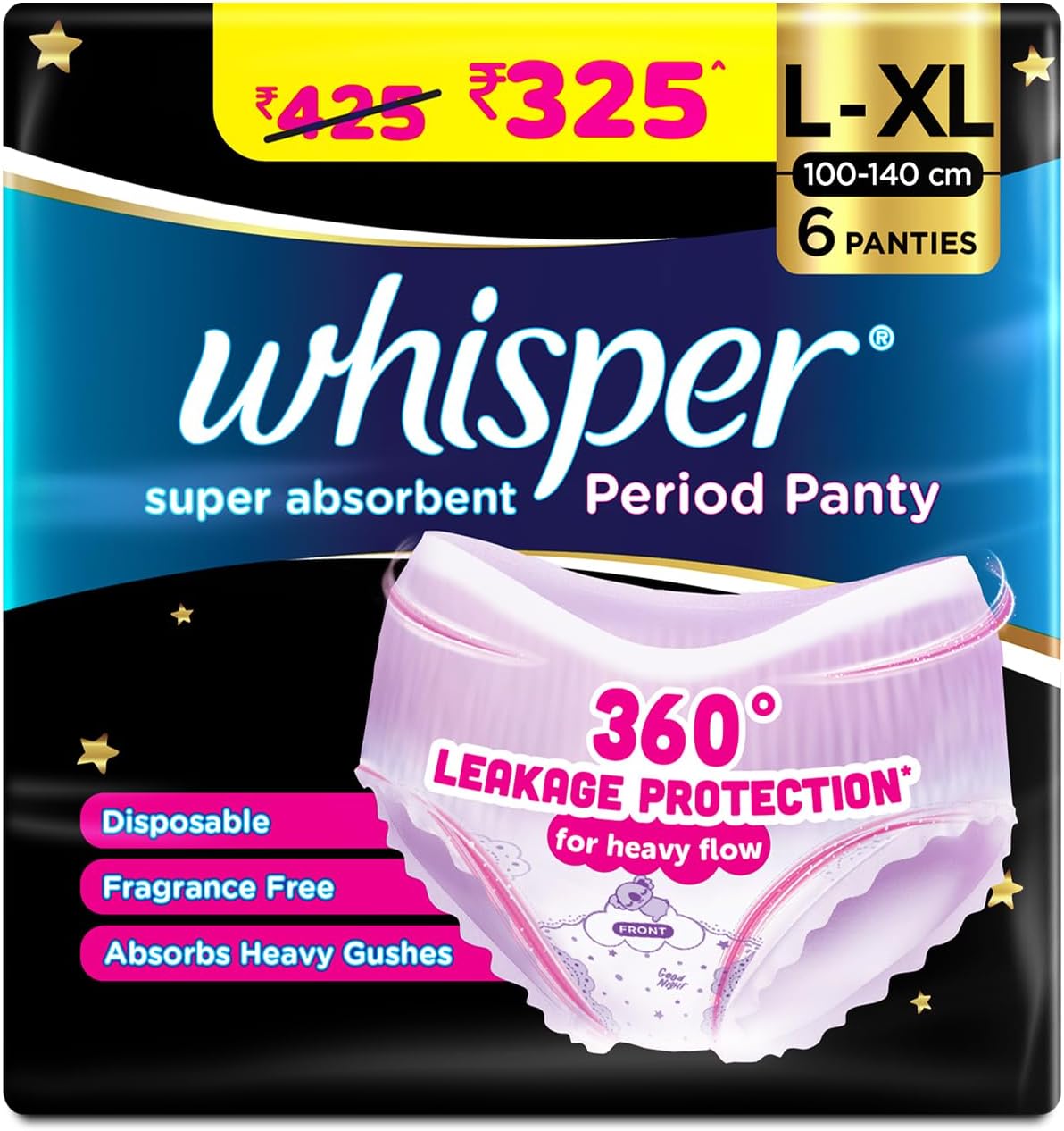 - Super Absorbent Period Panty, 6 L-XL Pants, 360 Degree Leakage Protection* for Heavy Flow, Panty like Fit, Full back Coverage, Absorbs Heavy Gushes, Silky Soft, Comfortable Feel