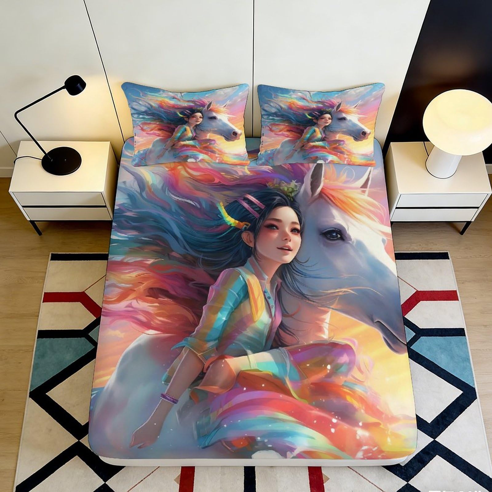 3D Printed Fantasy Unicorn Fitted Sheet Microfiber Deep Pocket Elastic Hem Bedroom Bedding Fantasy Unicorn Mattress Fitted Cover for Adults 180x200x25cm
