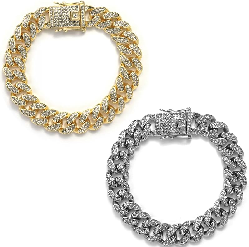 Coleira para Gatos e Cães Pequenos com Corrente Cuban Link e Strass, Fivela Segura, Dourada e Prateada, Pacote com 2