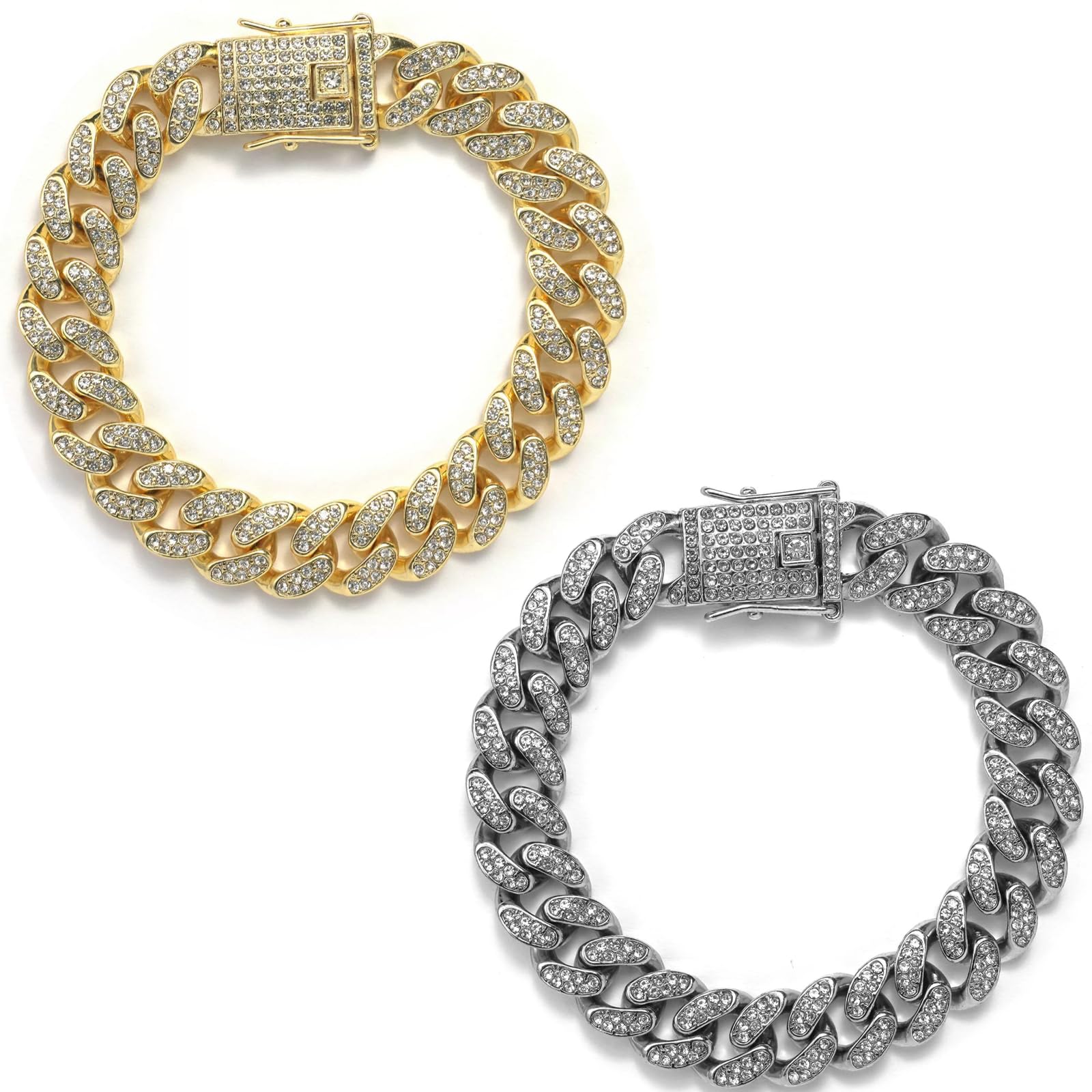 DKJEkdje 2 Pcs Diamond Cuban Cat Chain Collar Exquisite Metal Cat Necklace with Rhinestones, Dog Chain Collar for Pet Jewelry Accessories (10inch)