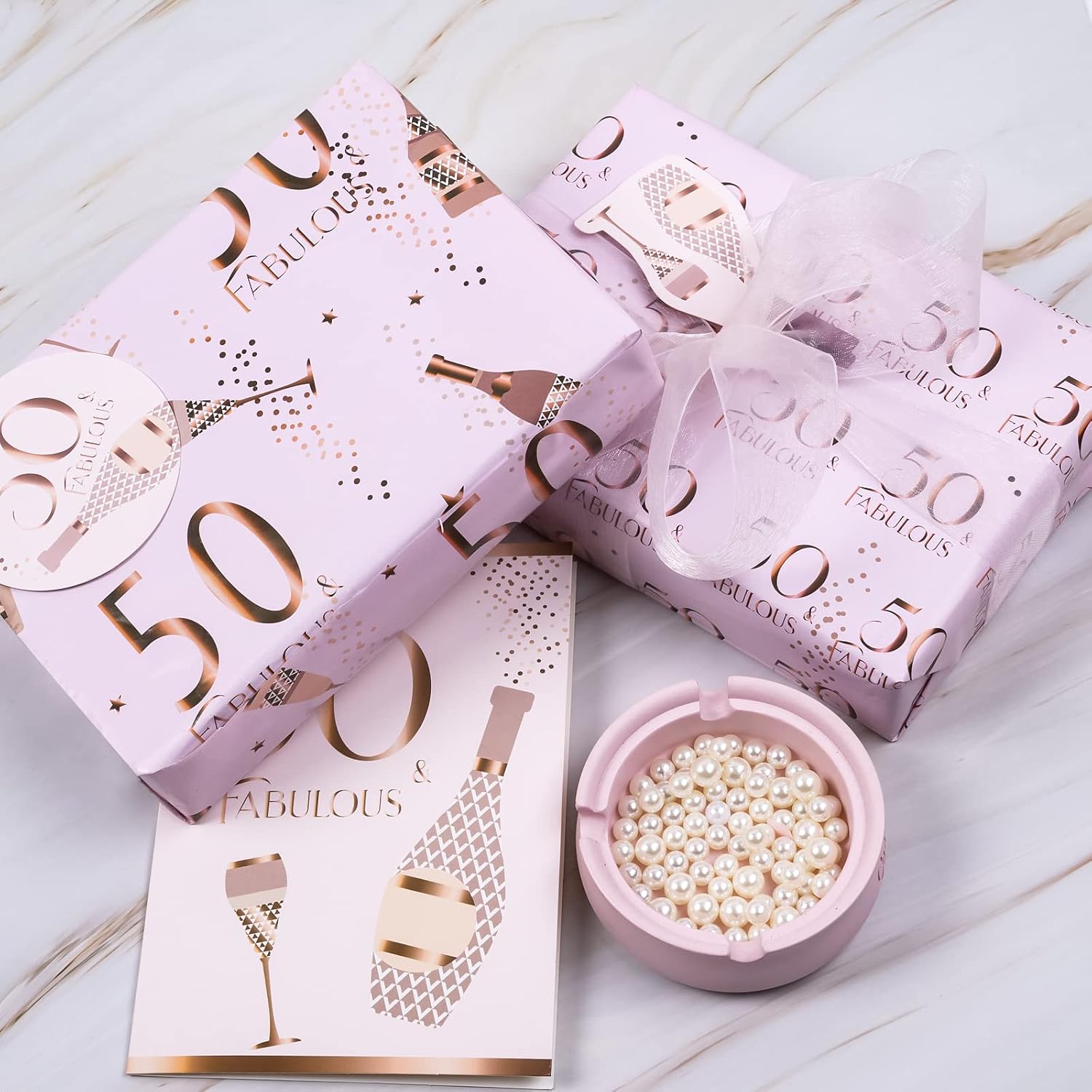 RUSPEPA Happy 50th Birthday Wrapping Paper Sheets Pink Design Including Greeting Card and Gift Tags for Birthday Wishes - Image 5