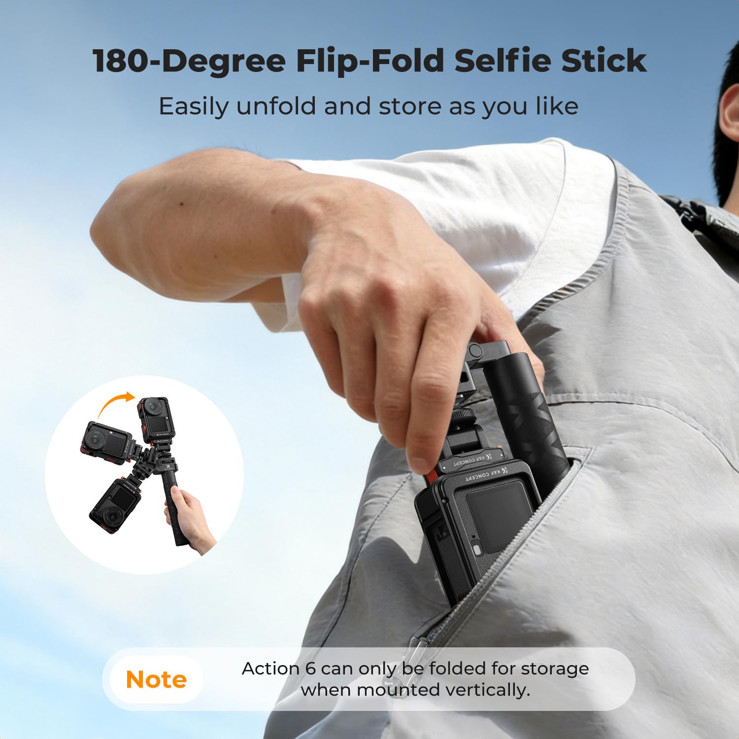 K&F CONCEPT 92.5 cm Action Camera Selfie Stick z klatką Osmo Action 6 i magnetycznym adapterem do szybkiego montażu, składany gwint 1/10.2 cm niewidoczny drążek przedłużający stop