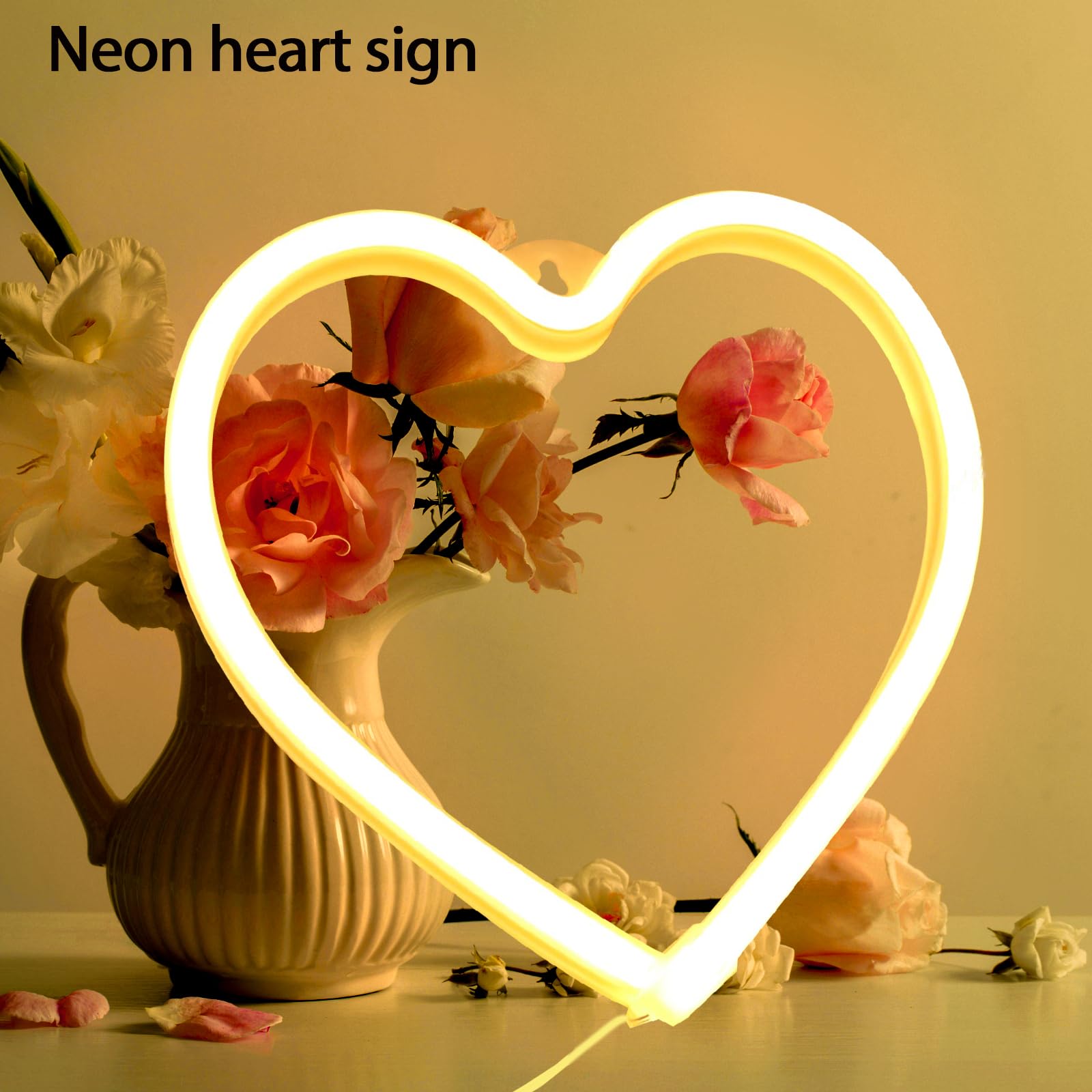 YouOKLight Heart Neon Sign, Neon lights for bedroom Wall Decor, pink neon sign, USB/Battery Operated Heart LED Light, Perfect for Valentine's Day or Any Occasion Neon Sign (Warm White)