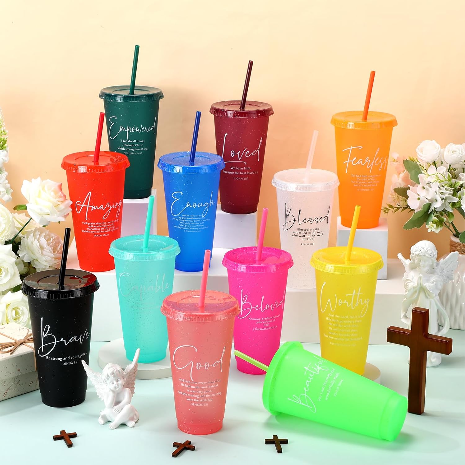 Havawish Inspirational Christian Gift Bible Verse Tumbler Bulk 24 oz Religious Plastic Drinking Cups with Lid Straw for Women's Day Mother Father Grandma Church Sunday School(24 Set,Colour) - Image 4