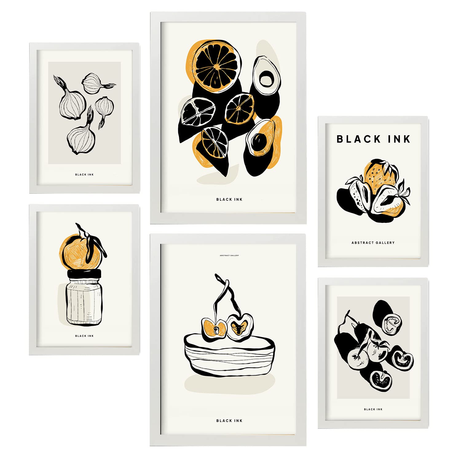 Nacnic Set di 6 poster a inchiostro nero. Snack. Stampe Artistiche e Astratte per Interior Design e Decorazione. A3 & A4, cornici bianche.