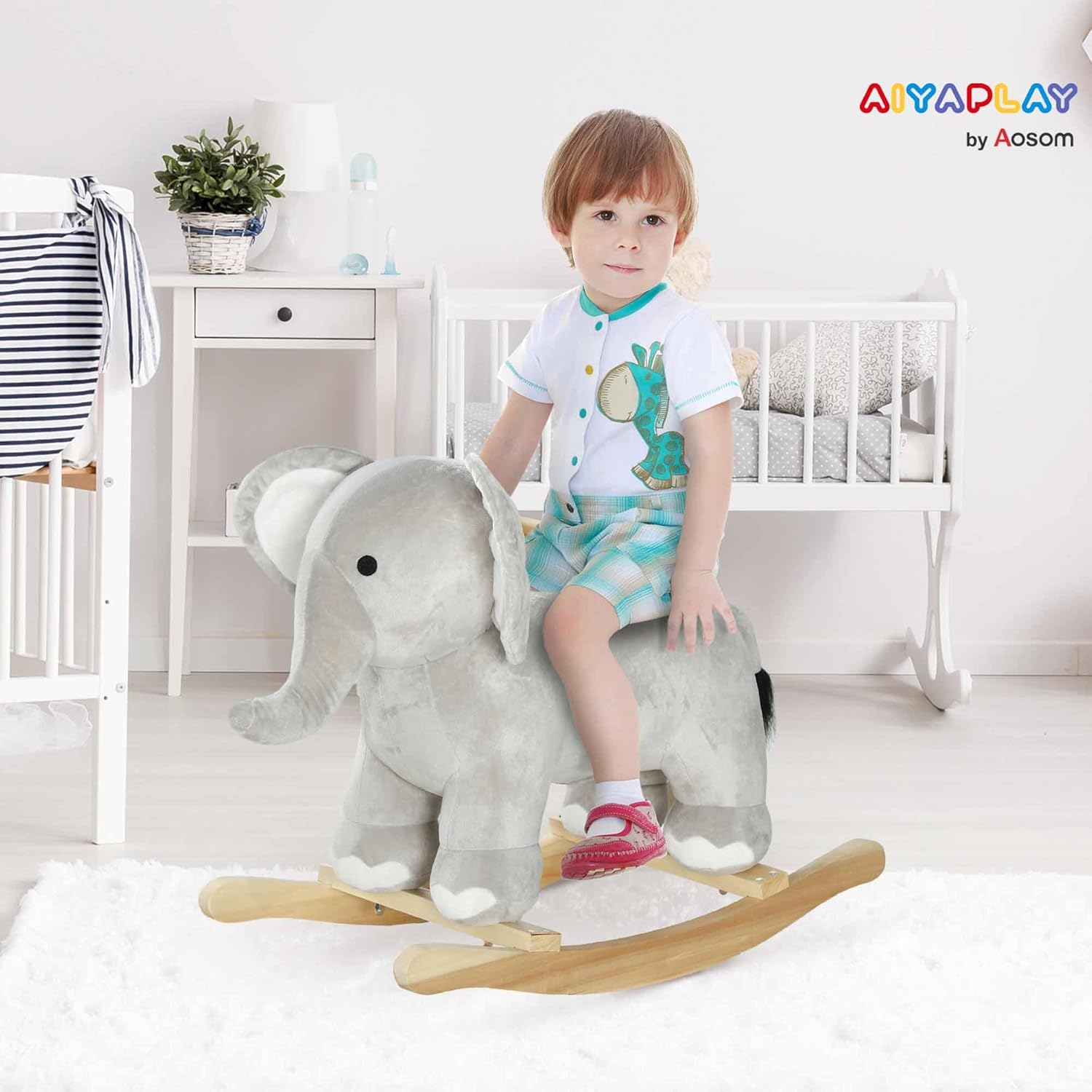 Qaba Rocking Horse, Kids Rocking Animal, Elephant Rocker with Realistic Sounds, Plush Ride on Toy for Years 2-4, Gray