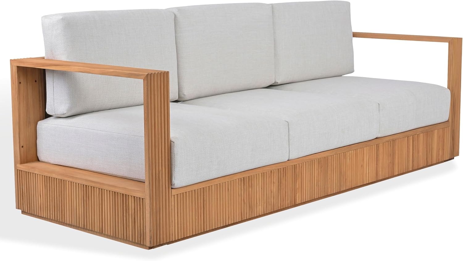 SAFAVIEH Couture Outdoor Patio Furniture Collection – Saint Lucia Natural Teak Wood Patio Sofa with White Cushions, Reeded Outdoor Sofa (CPT1074A)