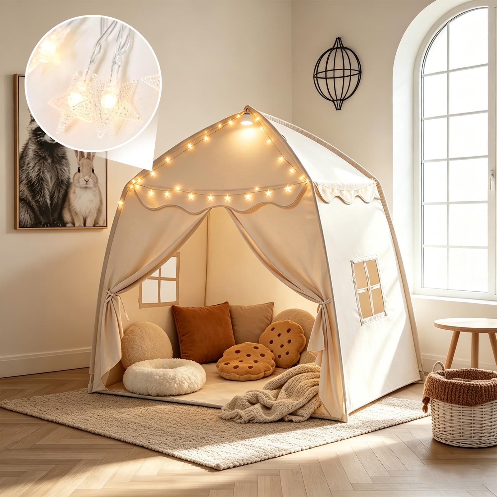 Kinderzelt Indoor Spielhaus Kinder Tipi Zelt für Kinder - Großes Spielzelt Kinder Indoor mit Lichterkette, Faltbar Kinderzelt für Kinderzimmer Oder Garten 150x100x150 cm (Beige)