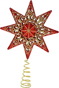 Shatterproof Deluxe Christmas Star Tree Topper with Glitter, 21 cm - Red