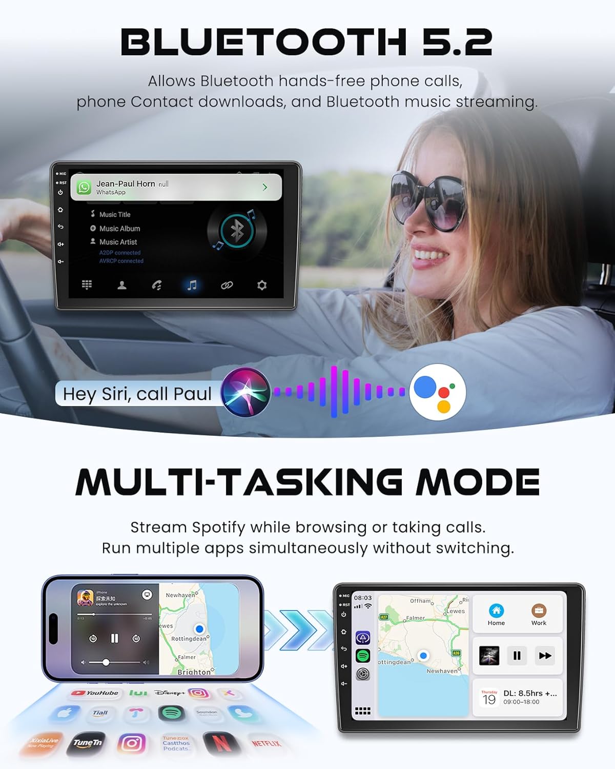 Bluetooth 5.2 interface for hands-free calls and music streaming, and multi-tasking mode showing split-screen functionality.