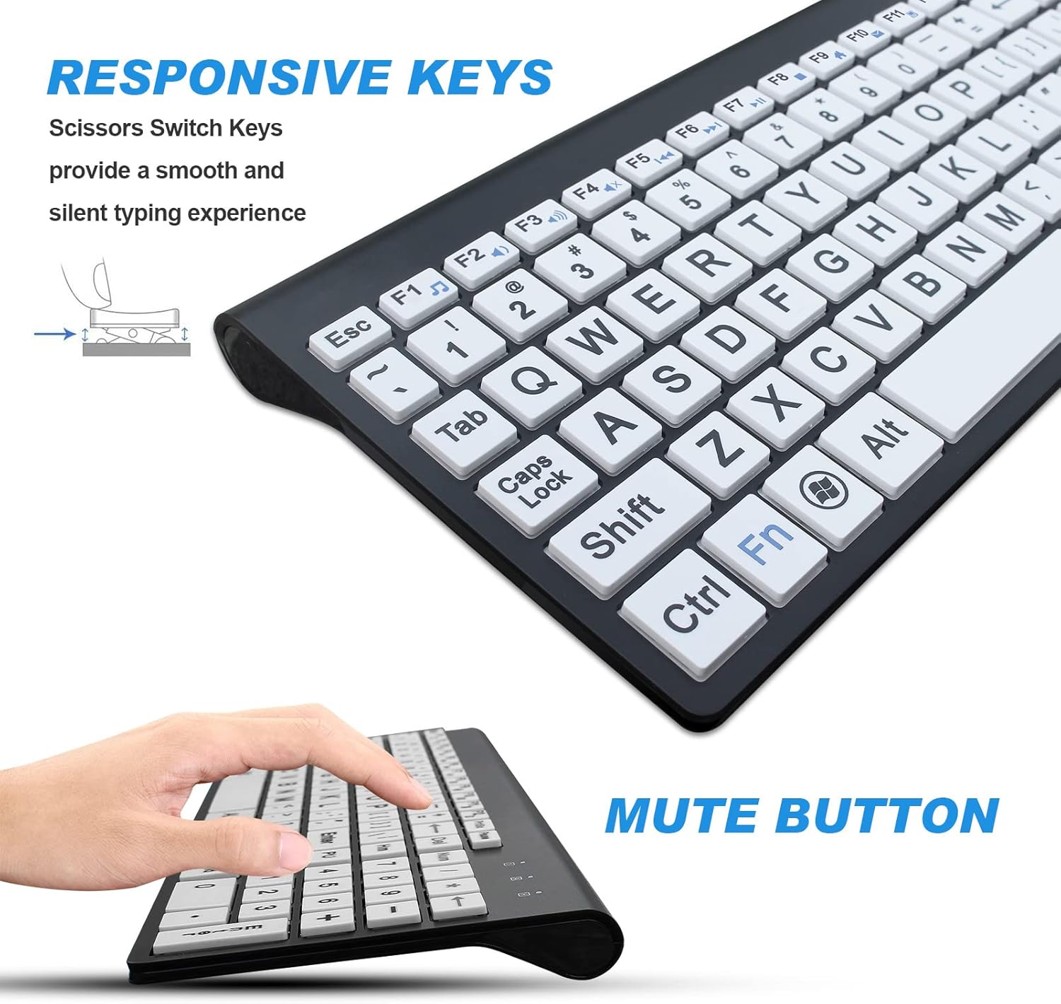 HXMJ-Wireless Large Print Keyboard and Mouse Set with USB Receiver| Quiet Scissor Switch | for Seniors and Visually Impaired Low Vision Individuals-White