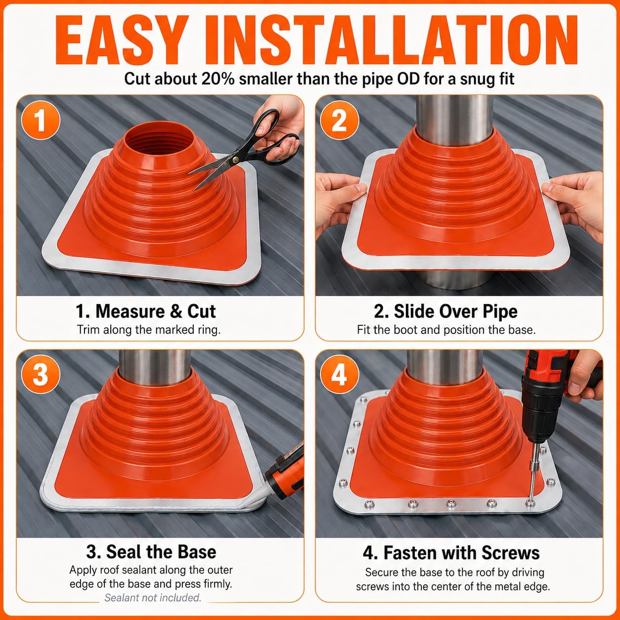 Four-step installation guide for the Hedday chimney boot: Measure & Cut, Slide Over Pipe, Seal the Base, Fasten with Screws.