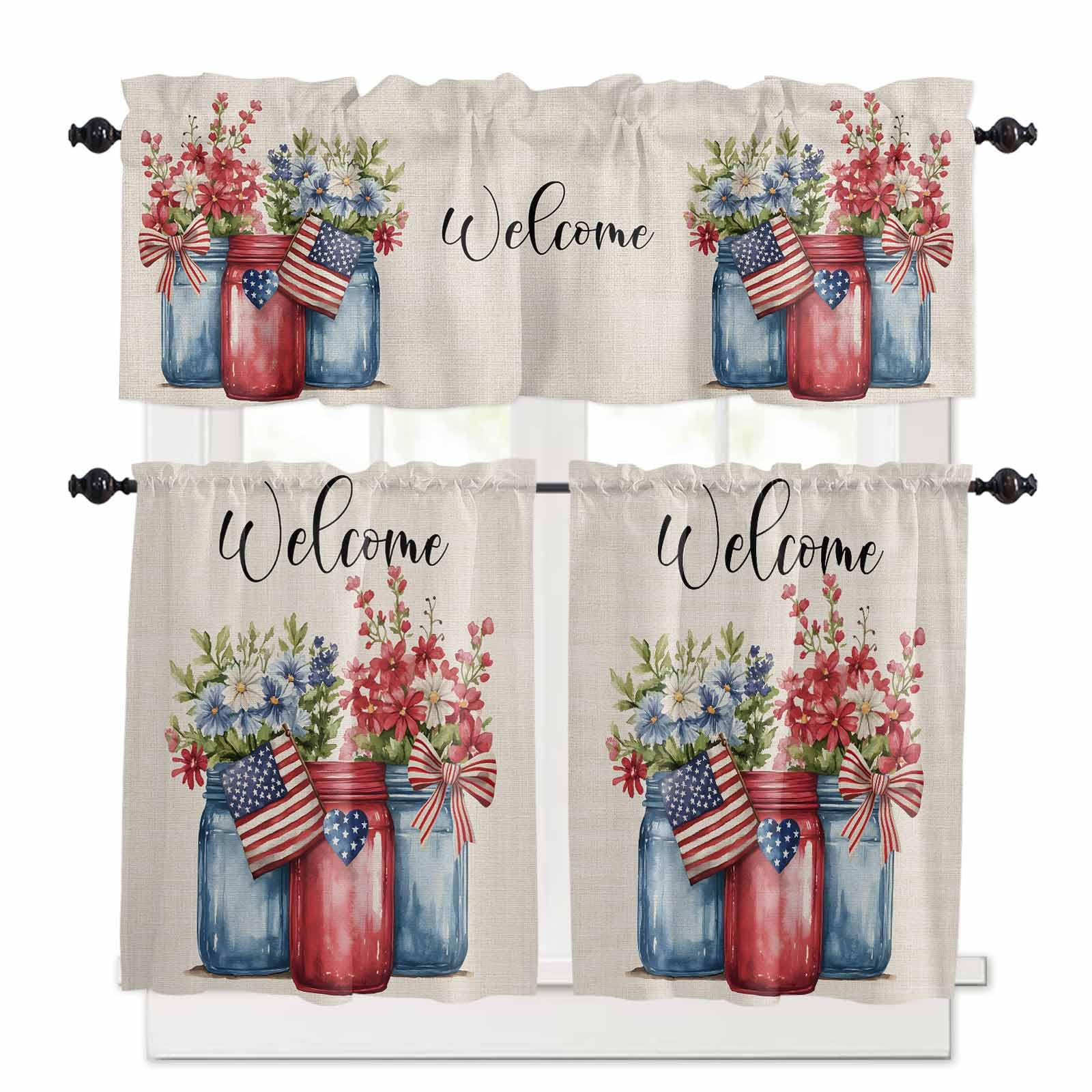 4th of July Kitchen Curtains 36 Inch Length,3 Piece Rod Pocket Small Half Tiers and Valance Set,Spring Floral Red US Flag Rustic Independence Day Small Large Window Treatment Decor for Bathroom