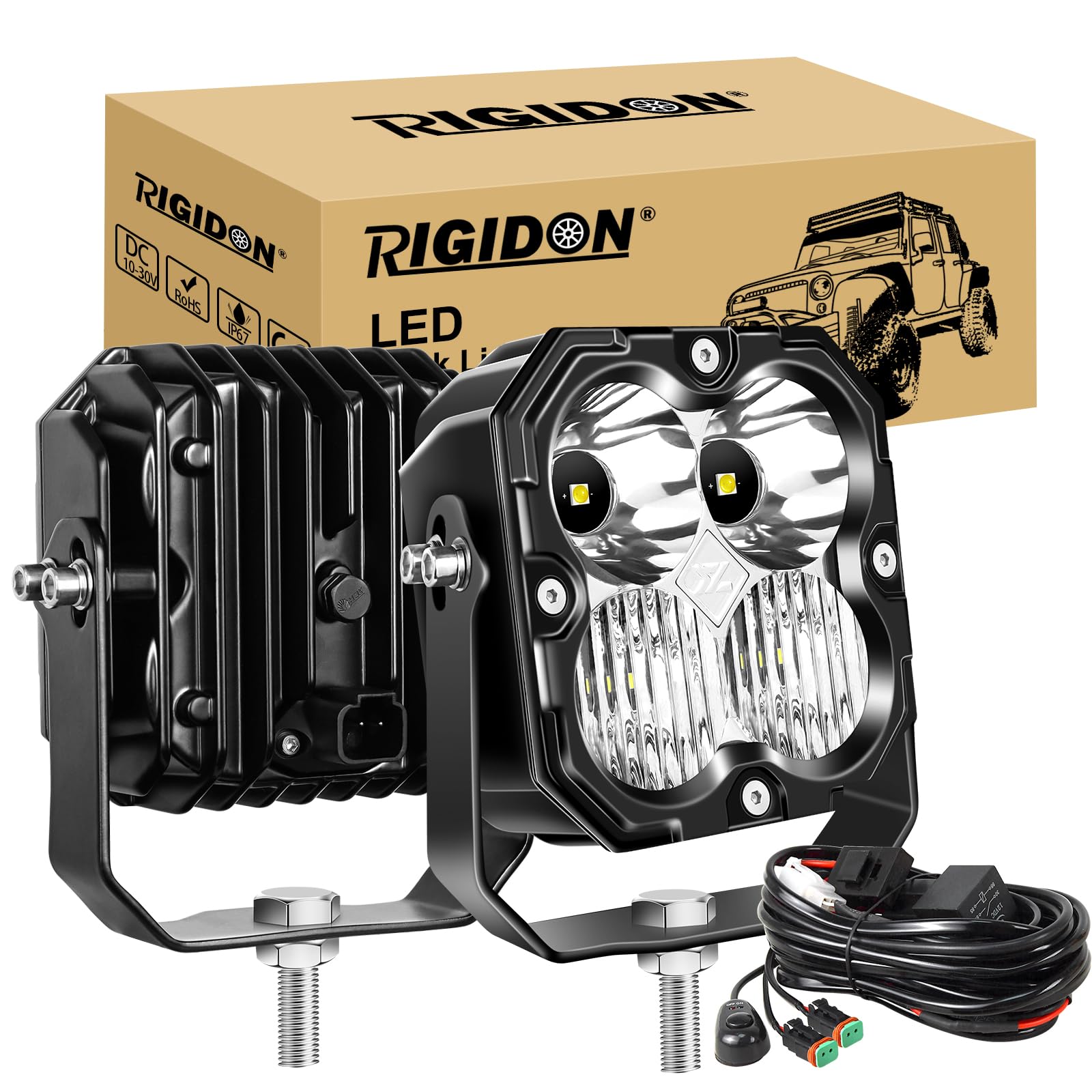 RIGIDON 2x kwadratowe światło robocze LED z wiązką 12 V DT, 4,3 cala 30 W 2500 LM, światło punktowe kombinowane do samochodów terenowych, ciężarówek, ATV 4x4, łodzi, ciągników, lampa przeciwmgielna
