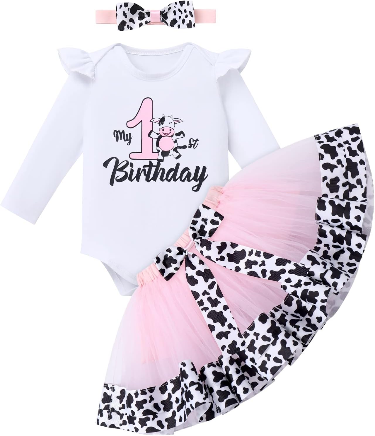 ODASDO Baby Girl Toddler Kids Farm Animal Cow Theme 1st 2nd 3rd Birthday Party Cake Smash Outfit Romper Tutu Headband