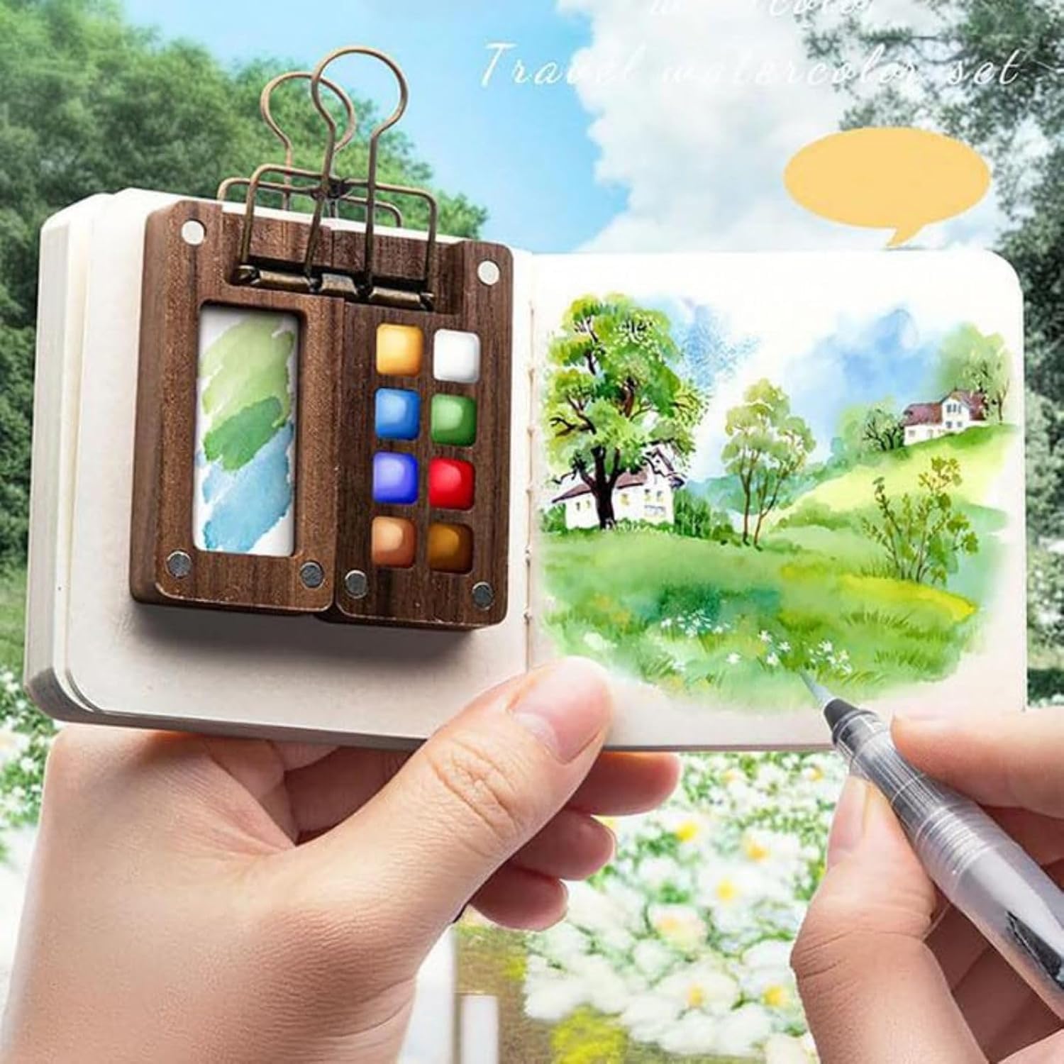 Mini kit per acquerelli, set di acquerelli, 2025 nuovo set di acquerelli da viaggio con clip pennello penna album da disegno (8 griglie+12 acquerelli)