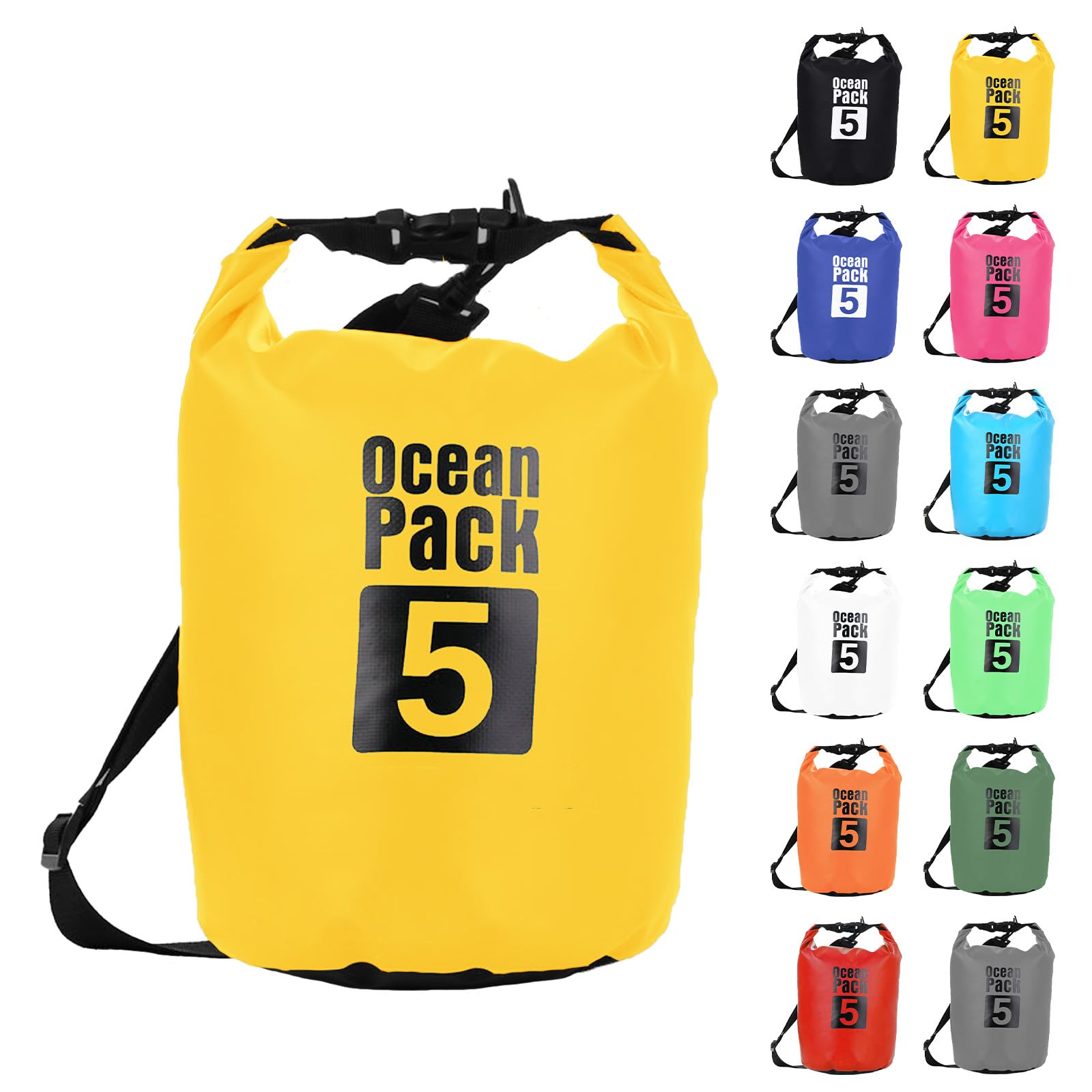MOMAHUA 5L Waterproof Dry Bag with Single Shoulder Strap - Yellow Durable PVC Roll Top Dry Sack - Reusable Gear Protector for Kayaking, Boating, Beach, Swimming, Camping and Outdoor Sports